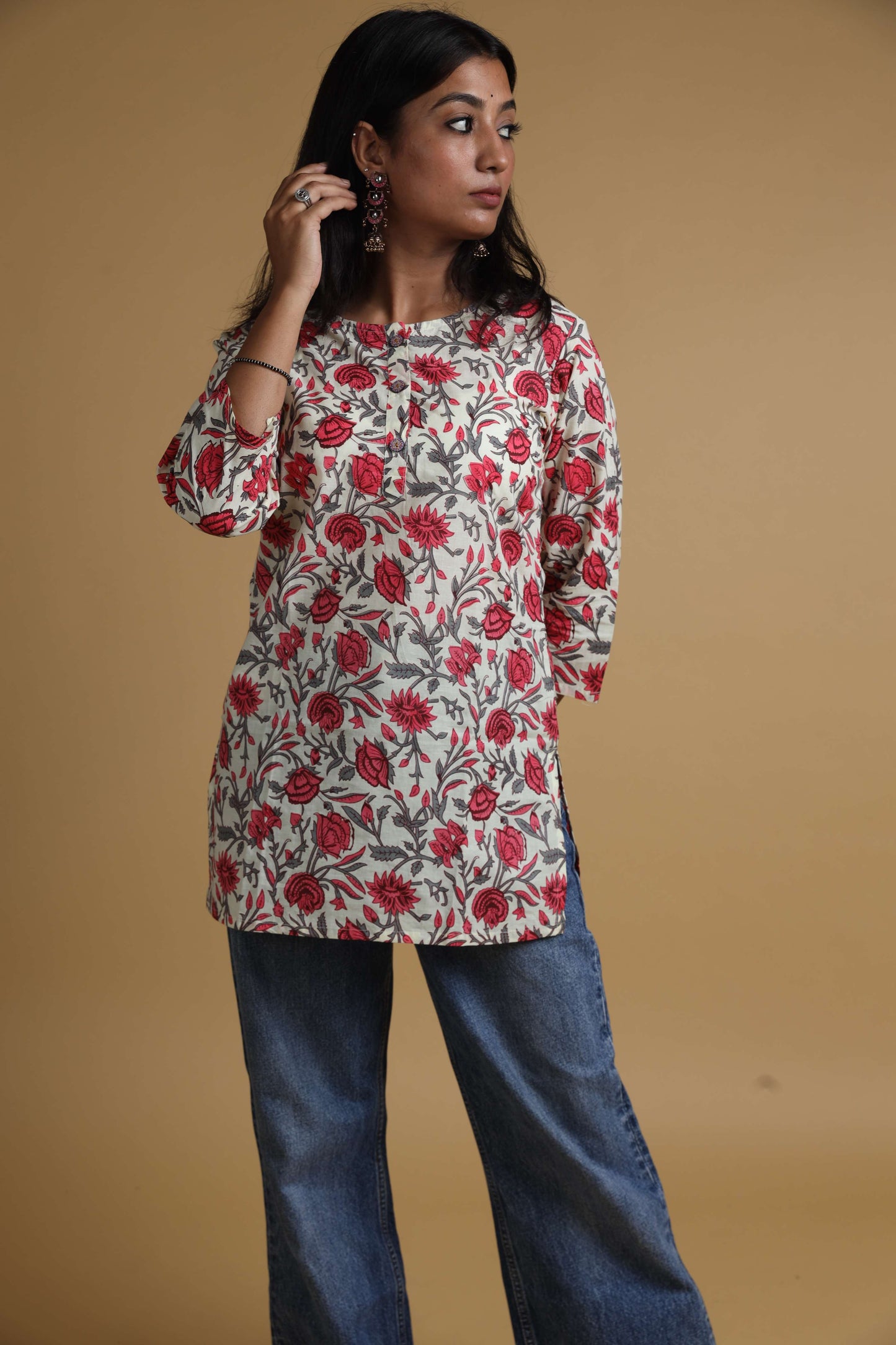 Beige Floral | Womens Short Kurtas