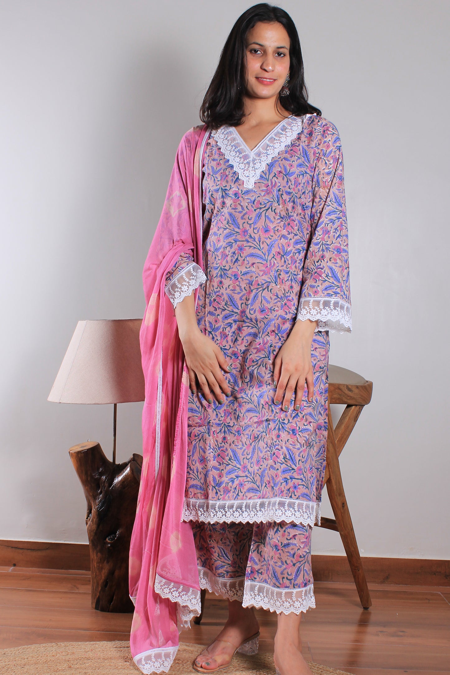 Peach Garden | Handblocked Printed Sanganeri Kurta-Set