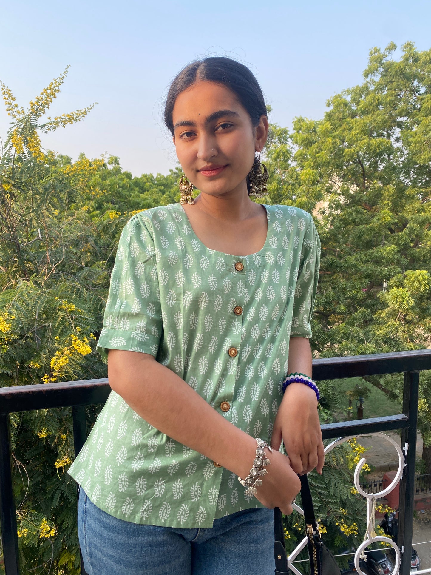 24 Green Jaipur Cotton Top | Handblock Printed Pure Cotton Tops