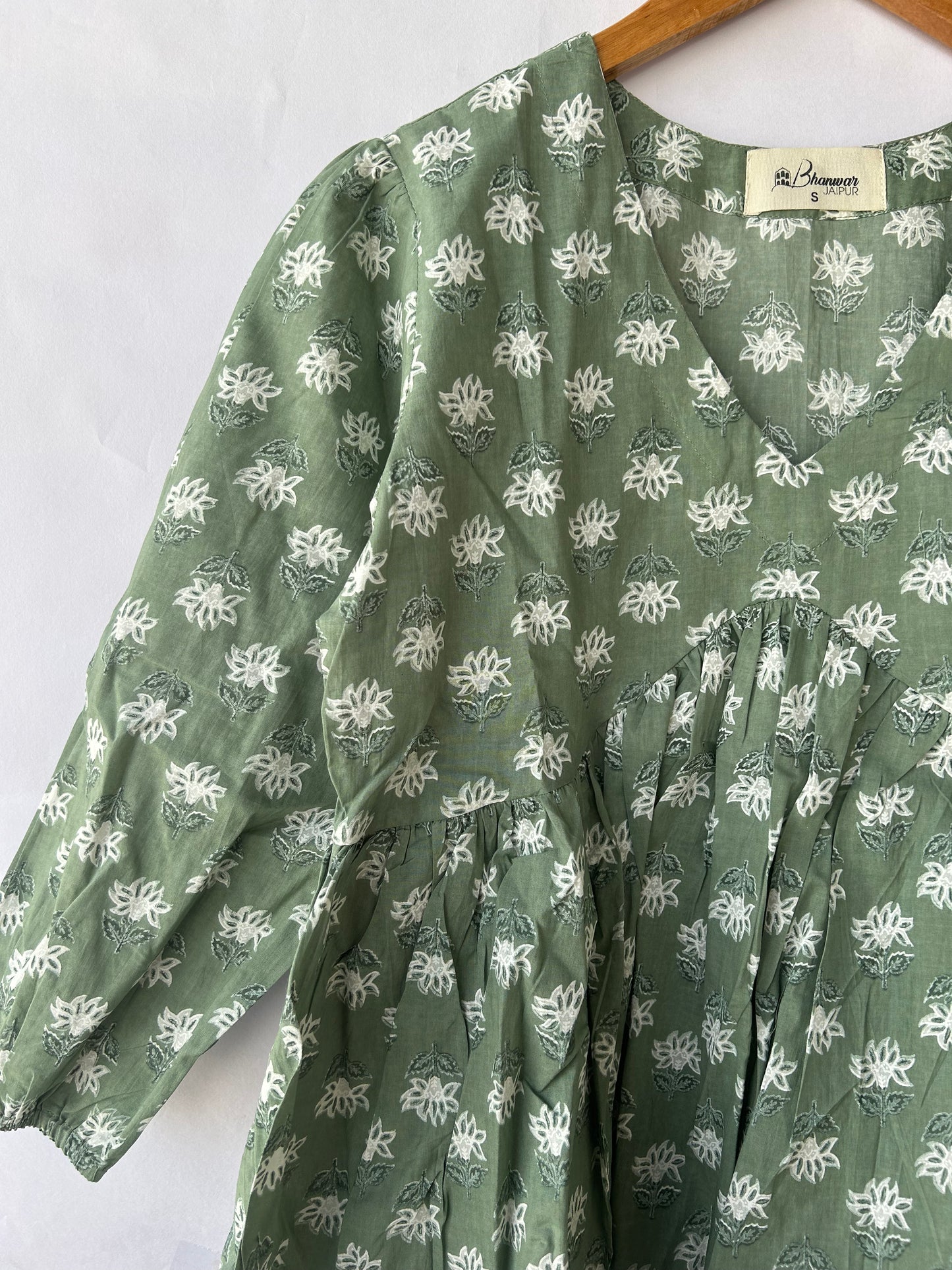 Light Green Handblock Cotton Peplum Tops