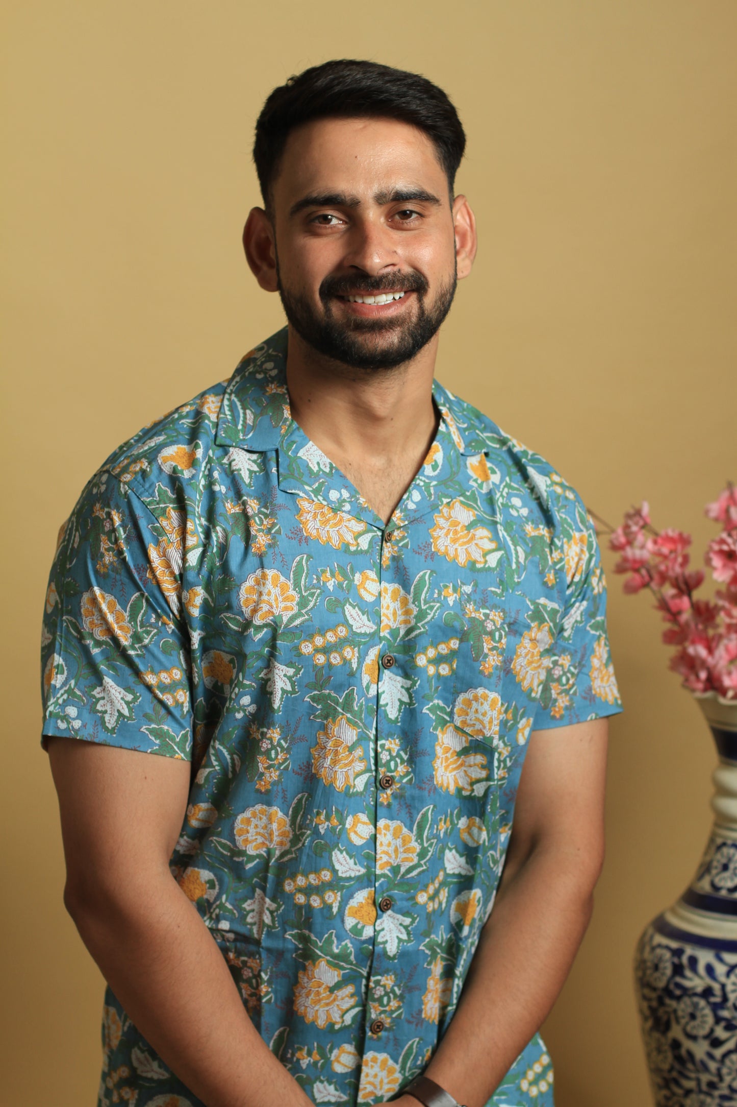 Green Floral Beach Cuban Collar Shirt | Pure Cotton Shirts