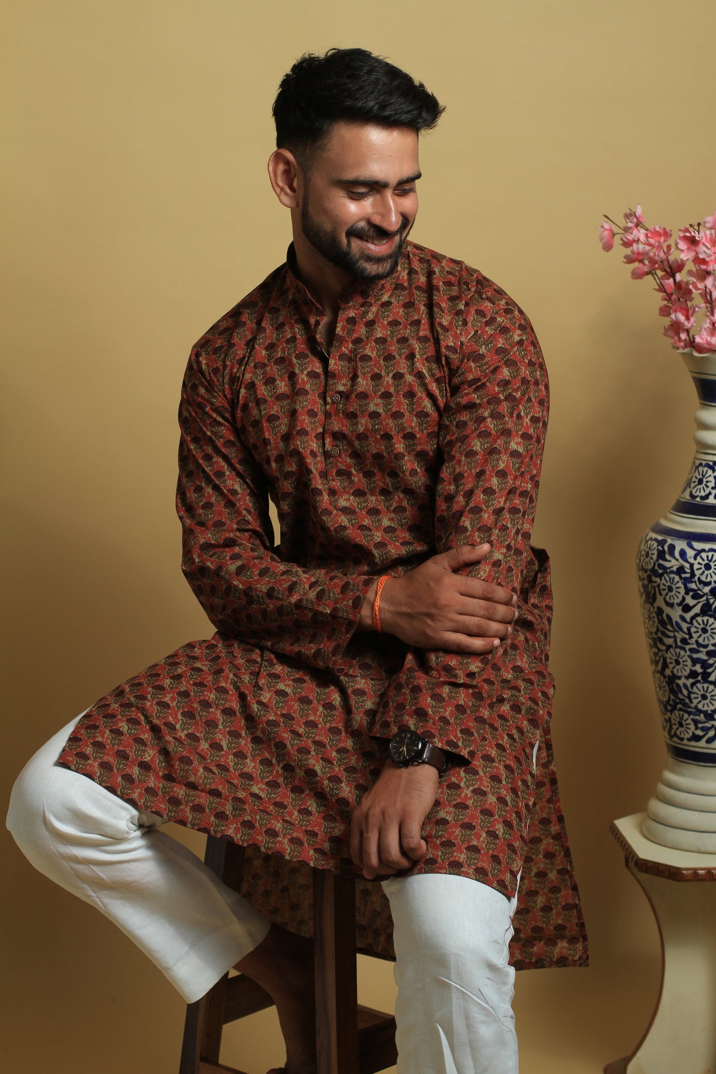 Marron Pure Cotton Mens Long Kurta | Jaipuri Cotton Kurtas