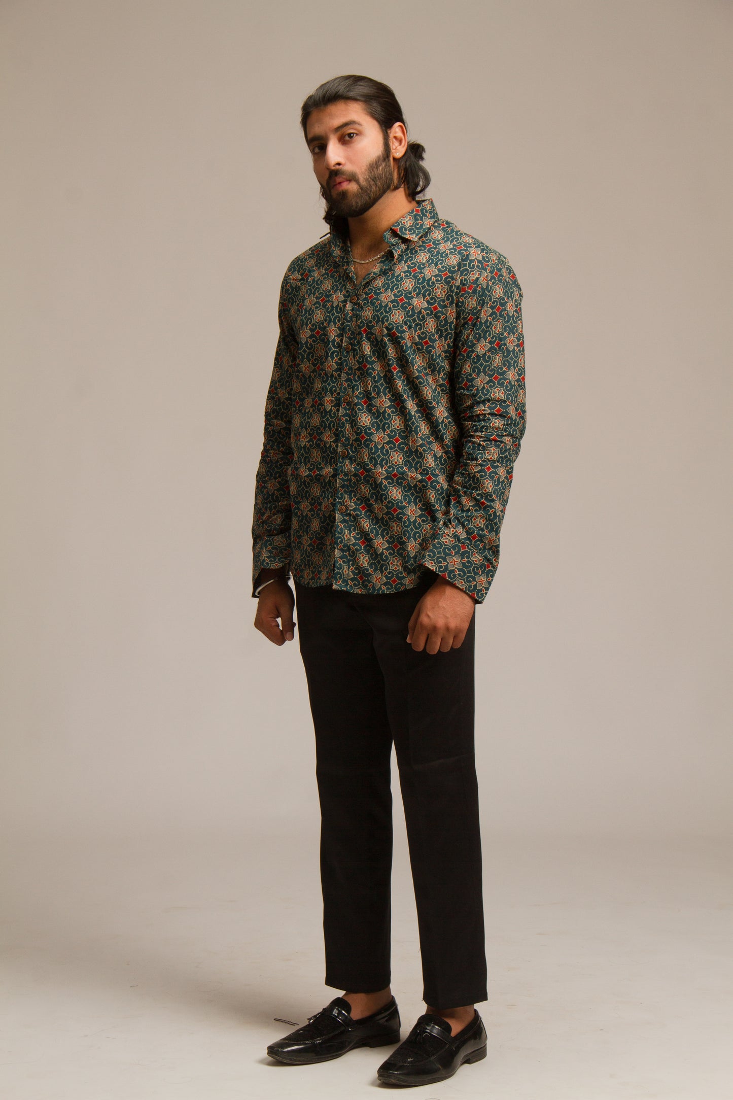 Olive Green Ajrakh | Mens Cotton Printed Shirts