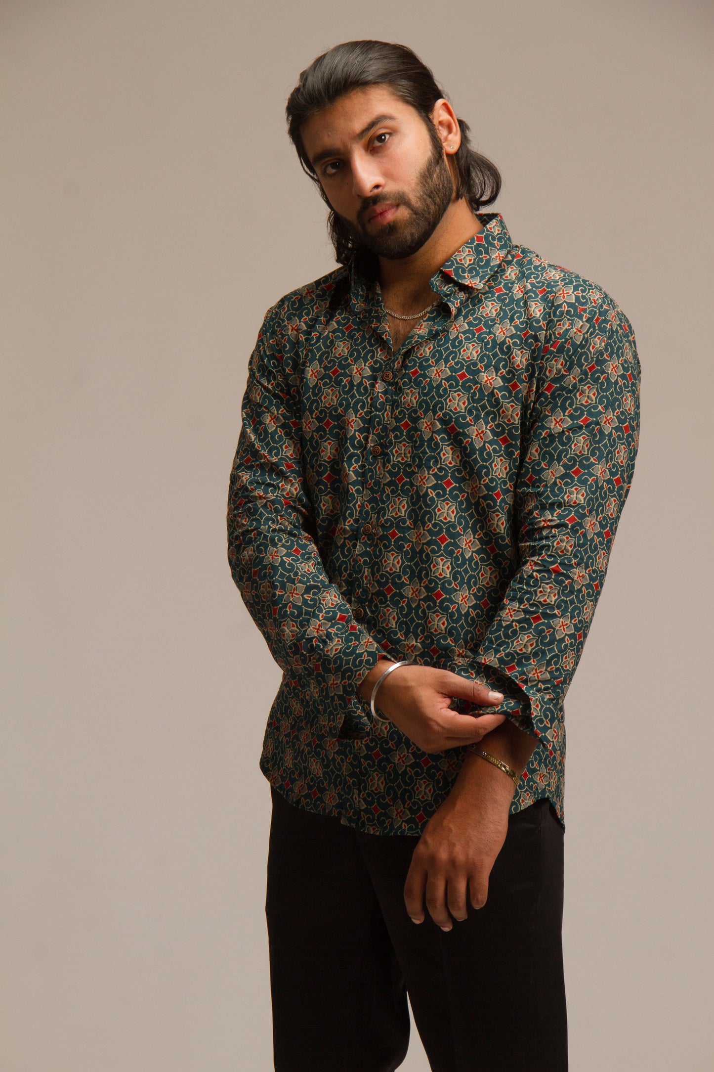 Olive Green Ajrakh | Mens Cotton Printed Shirts