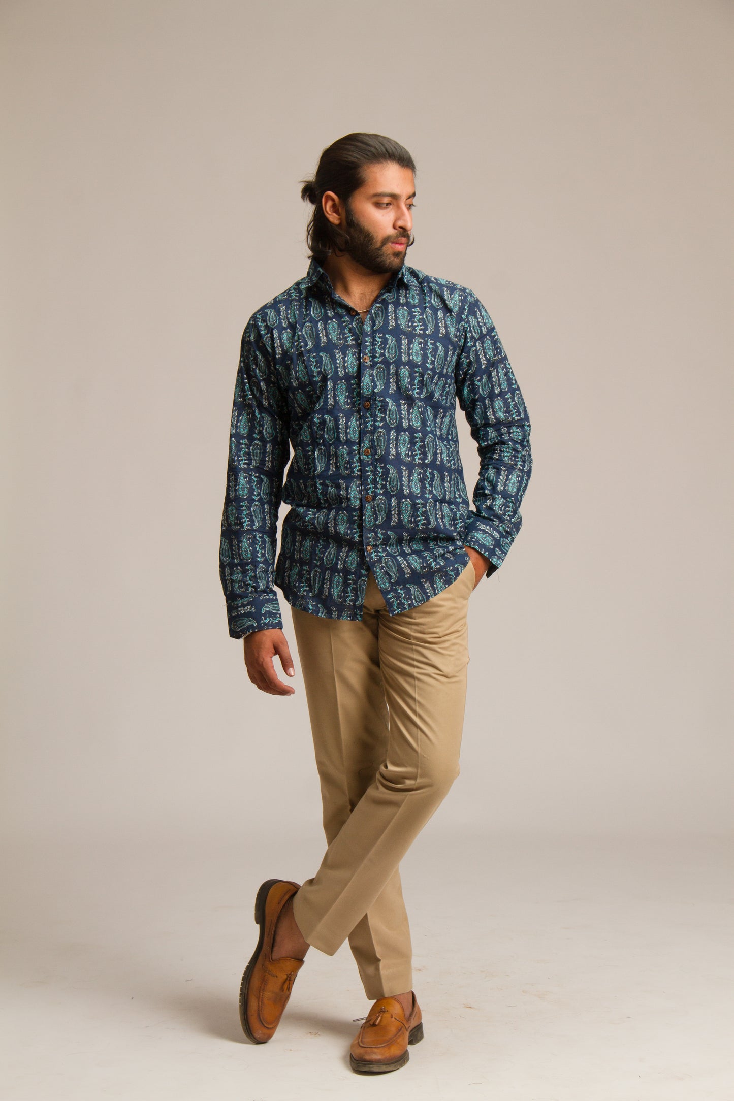 Dark Blue Bagru | Mens Cotton Printed Shirt