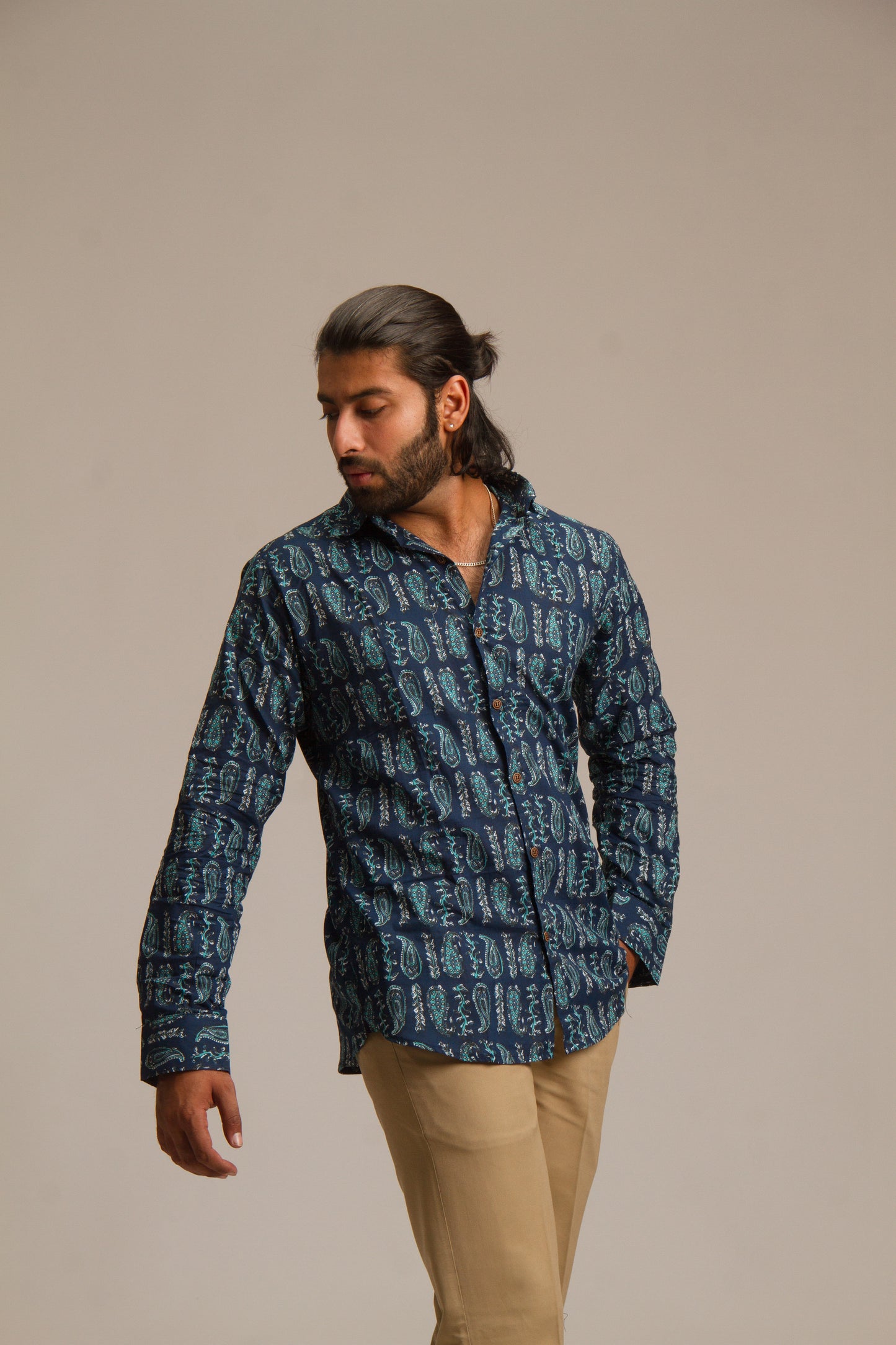 Dark Blue Bagru | Mens Cotton Printed Shirt
