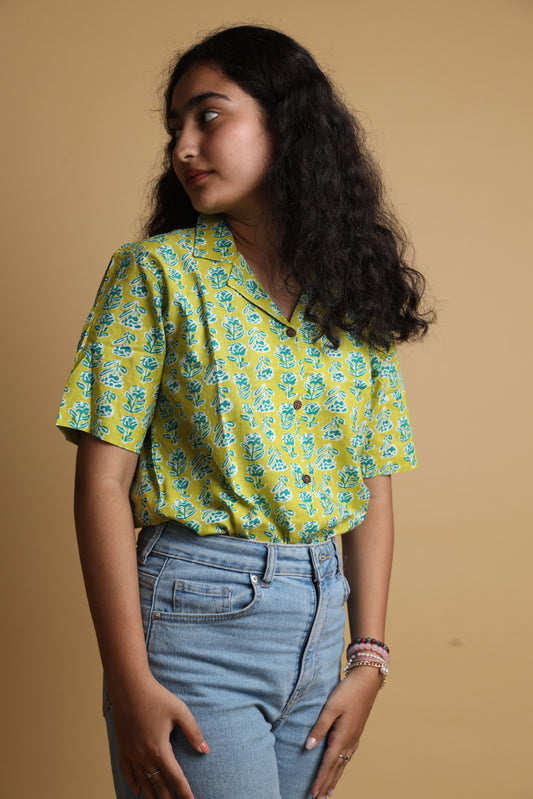 Green Floral Cotton Printed Shirt