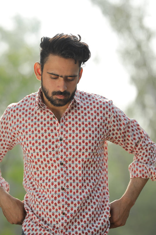 Red Buti Jaipuri Cotton Sanganeri Print Men’s Shirt