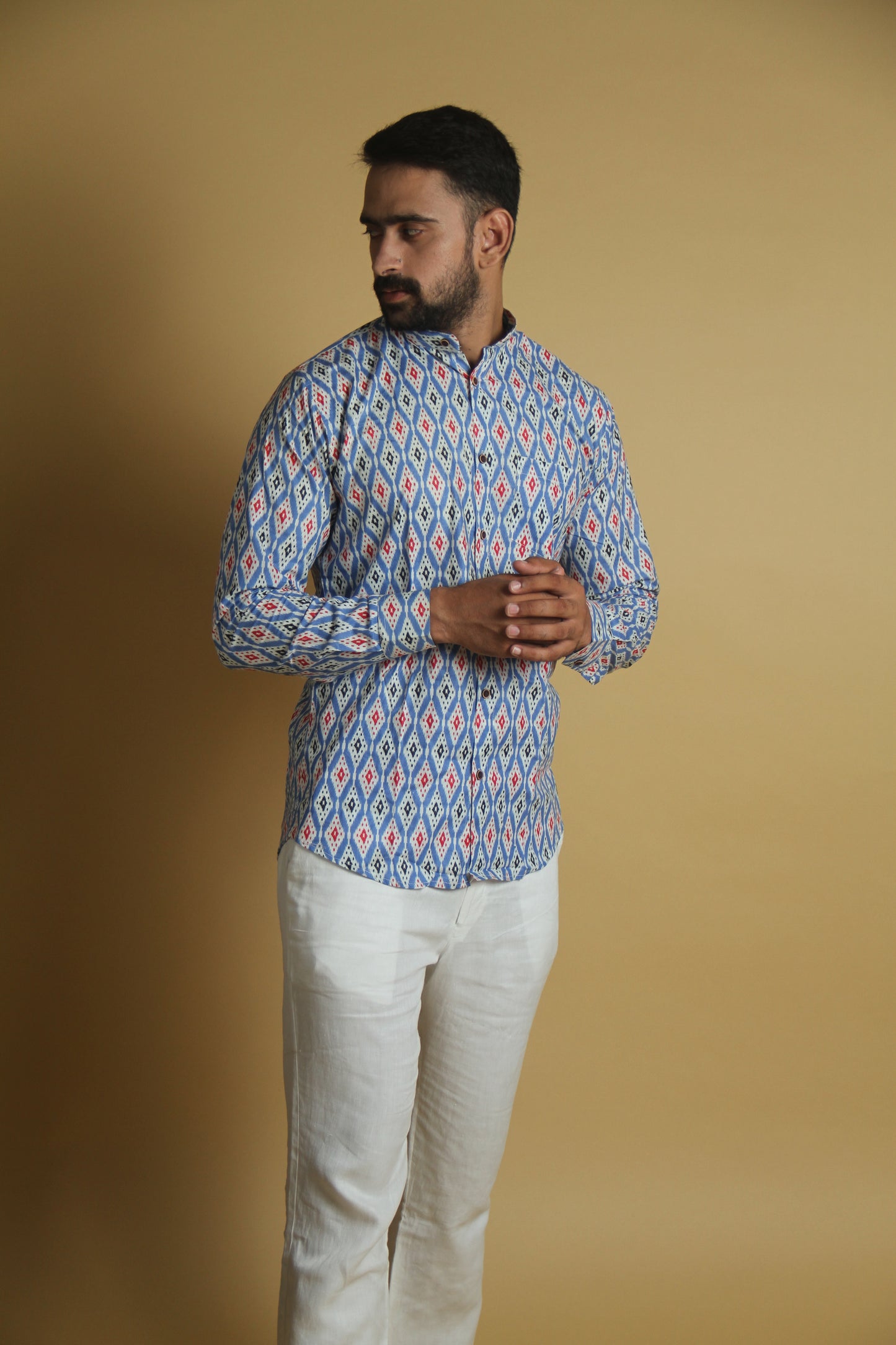 Blue Ikkat Print Handblock Printed Shirt