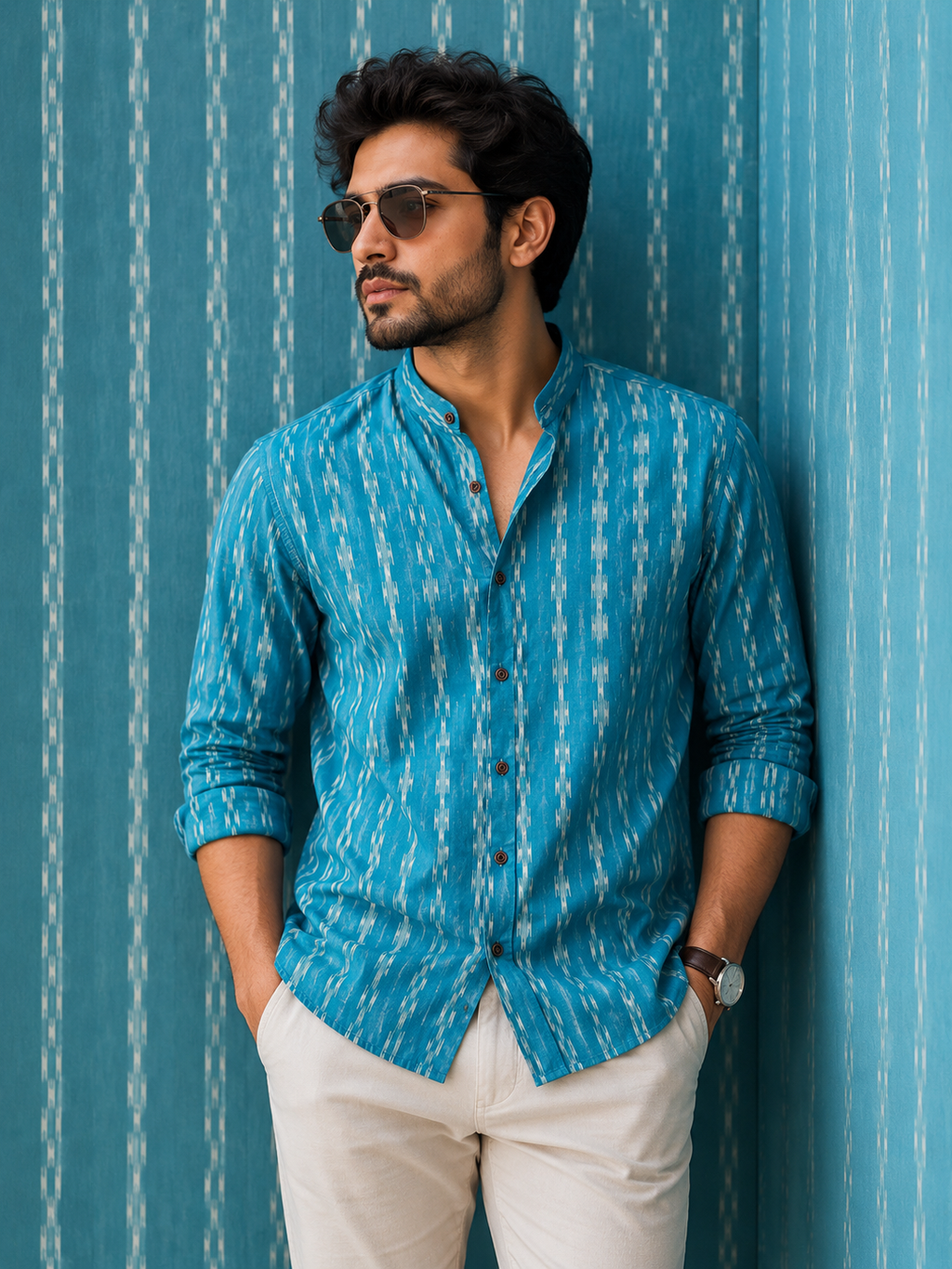 Azure Ikat | Pure Cotton Printed Shirts | Mandrian Collar