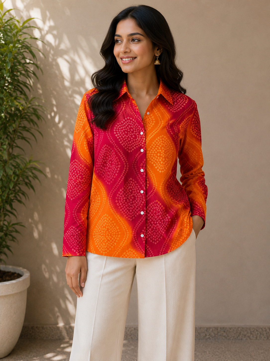 Kesariya Rang Bandhni Shirt | Women's Pure Cotton Printed Shirts | Straight Fit