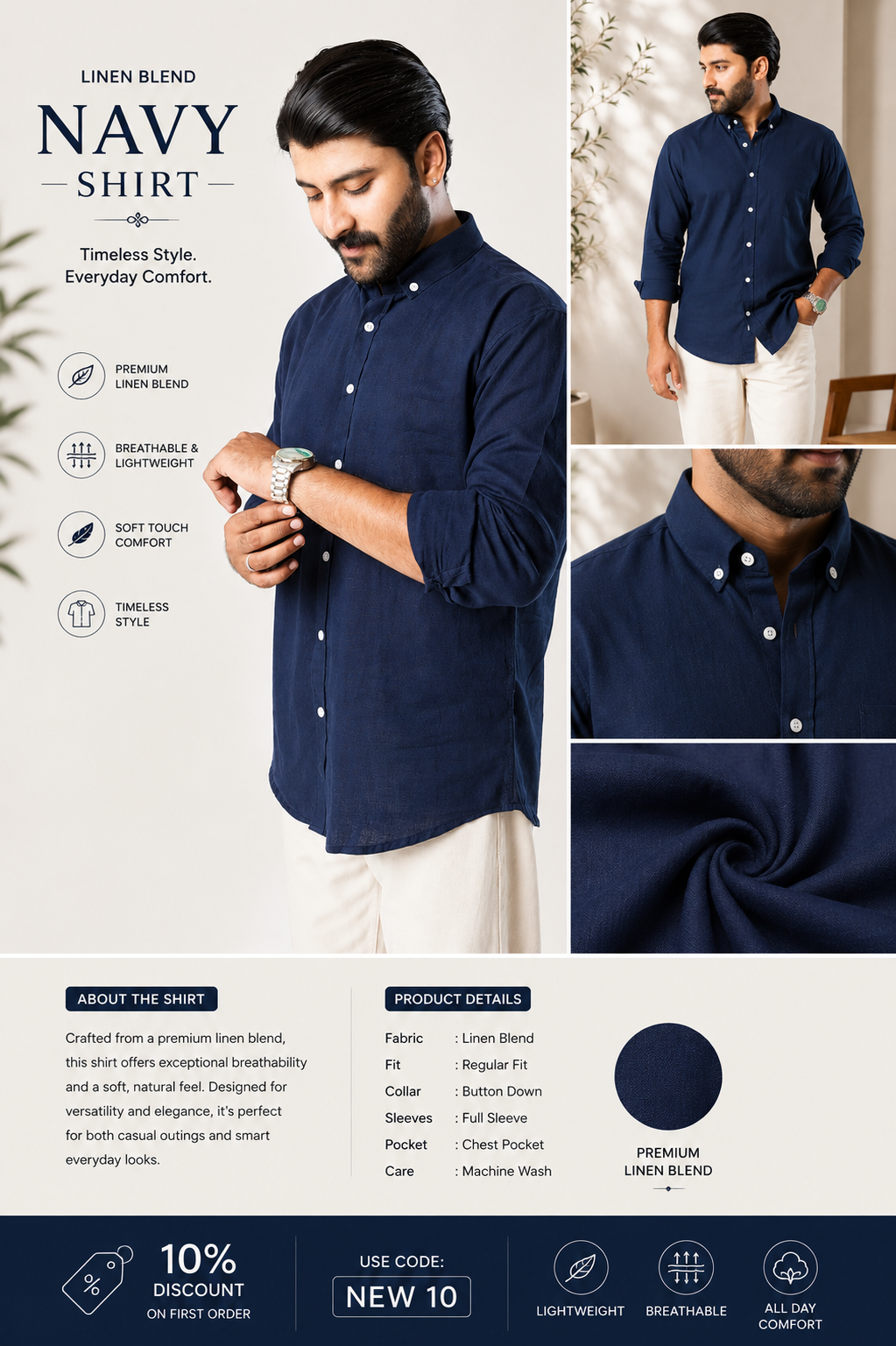 Monaco Navy | Finest Linen Blend Men's Shirts