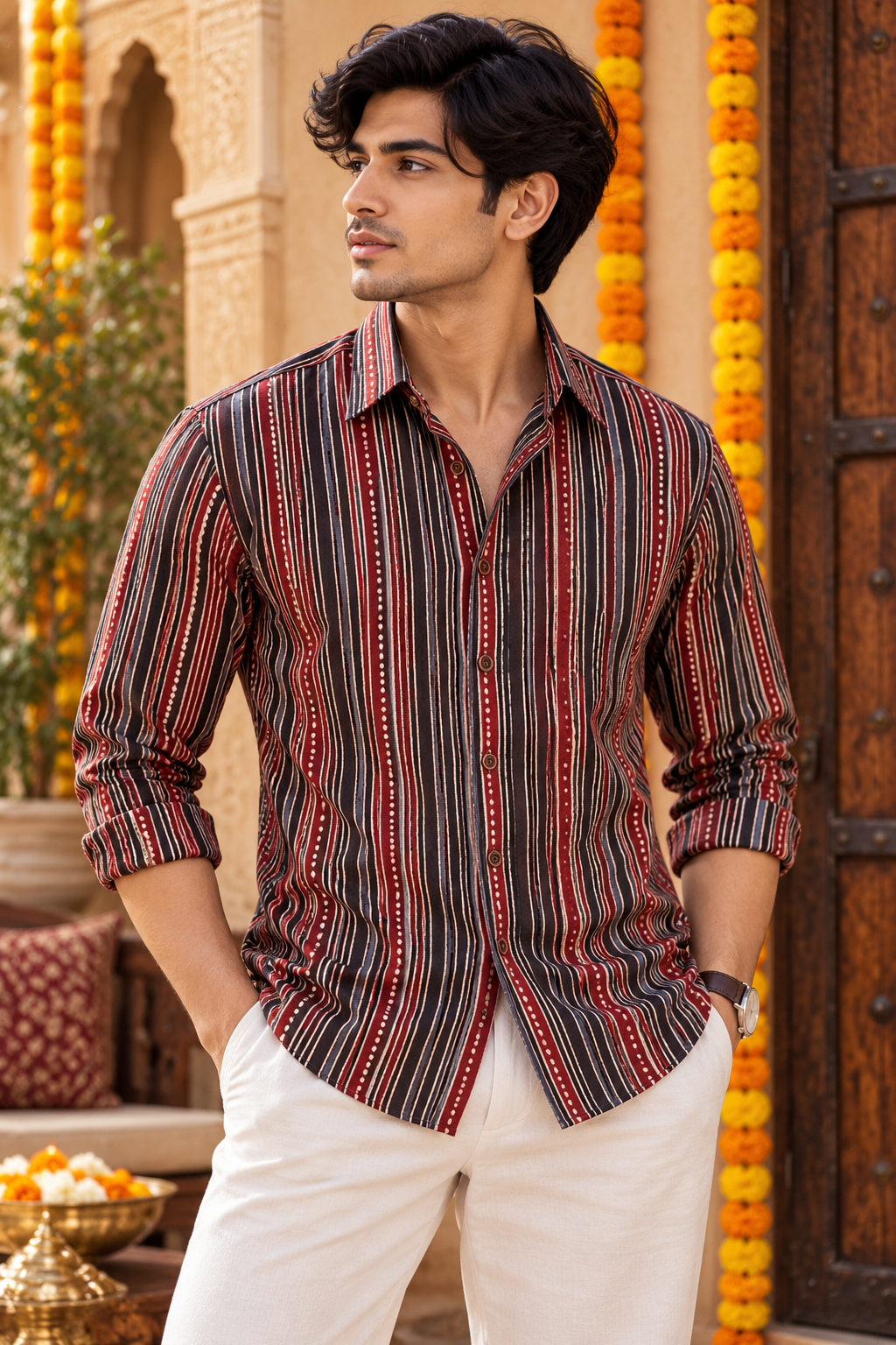 A man wearing a long-sleeve button-up shirt with vertical red, black, and white stripes, paired with off-white trousers, standing in front of a traditional architectural background with orange marigold garlands.