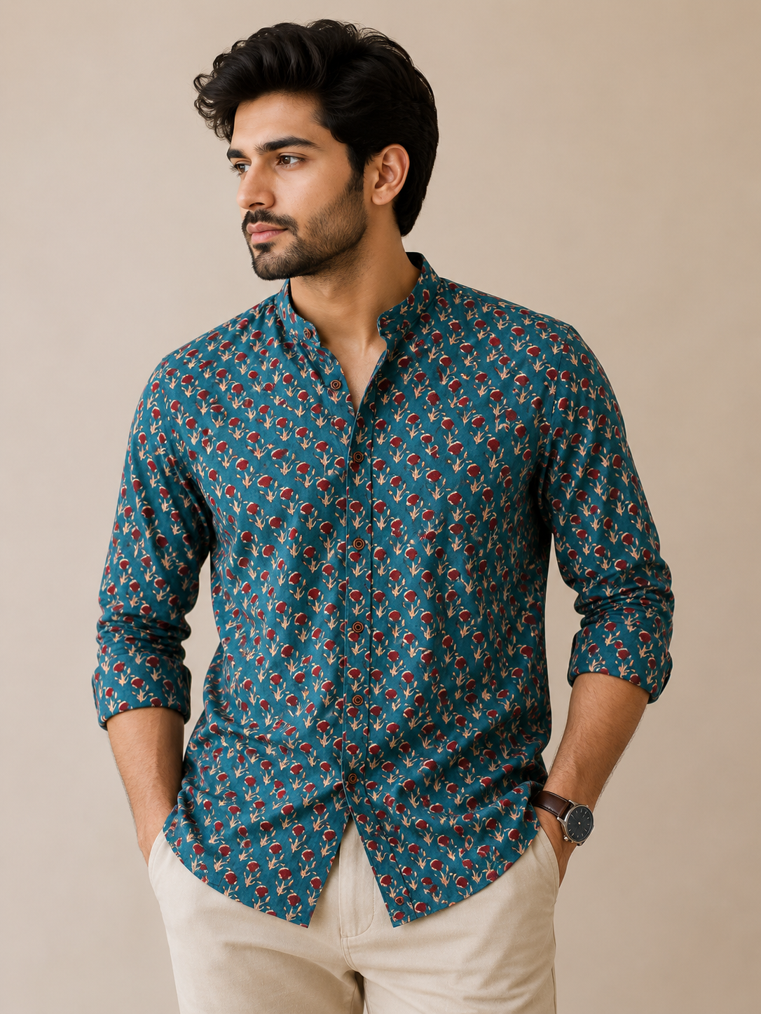 Gulnaar Teal Shirt | Pure Cotton Mandrian Collar Printed Shirts