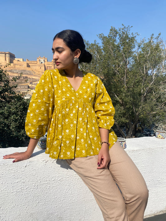 Mustard Yellow Cotton Peplum Top