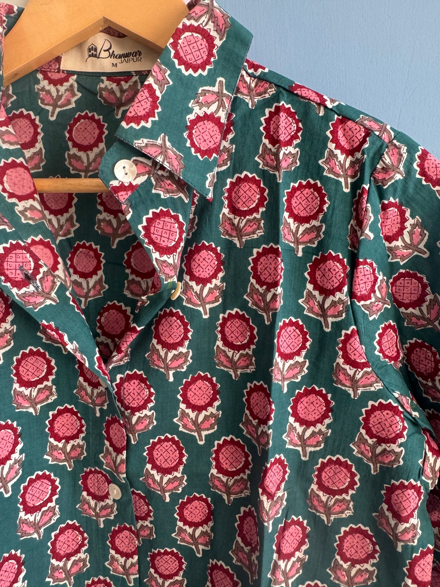 Rosebud Teal Shirt | Womens Handblocked Printed Shirts
