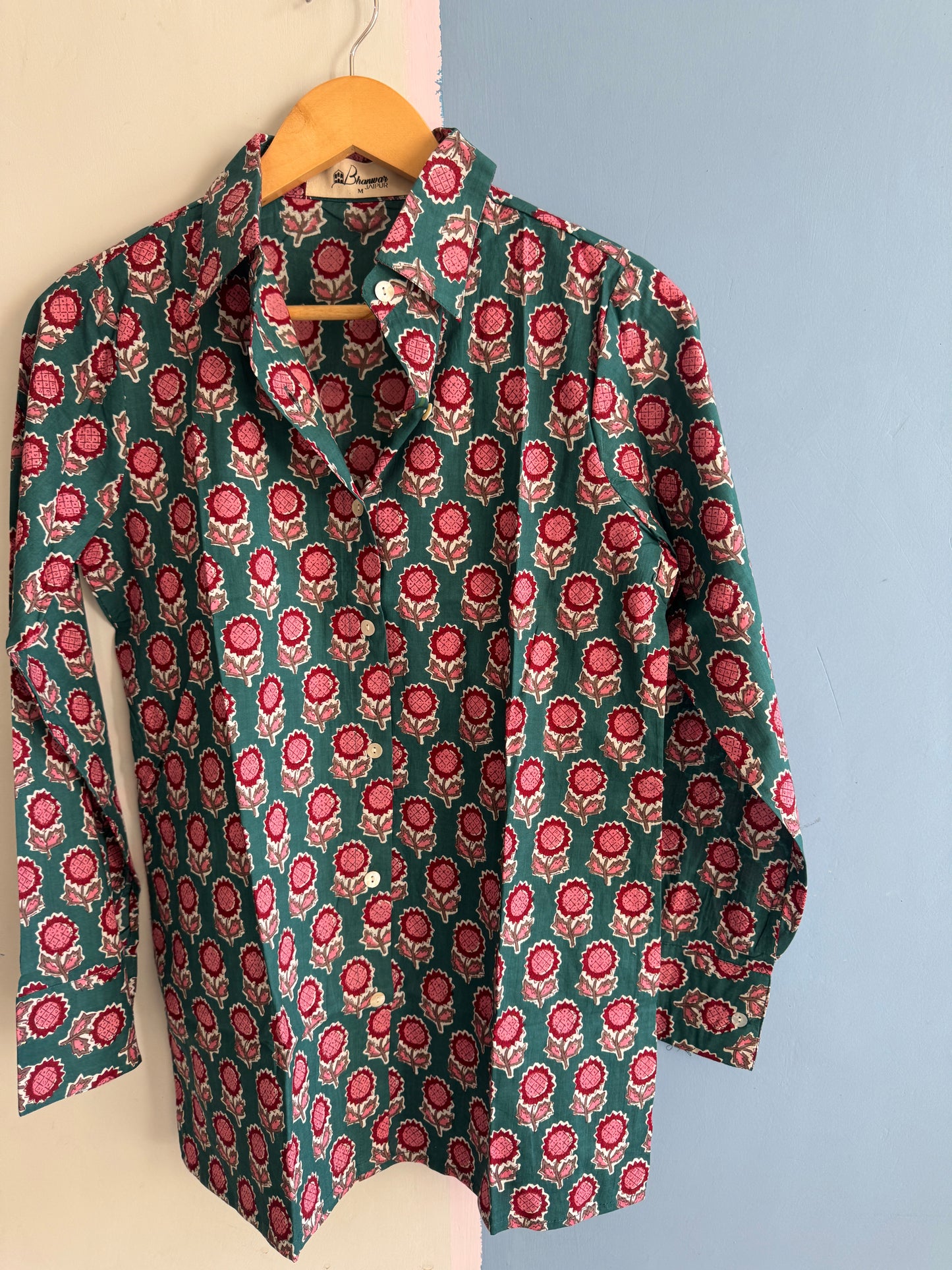 Rosebud Teal Shirt | Womens Handblocked Printed Shirts