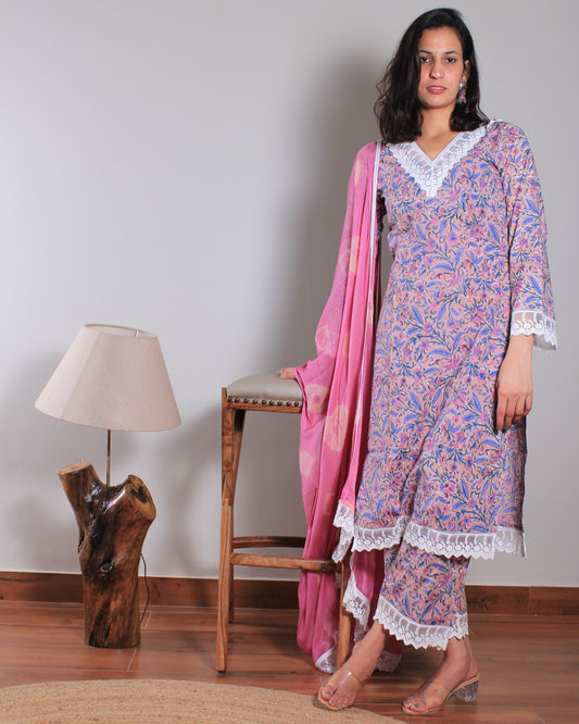 Peach Garden | Handblocked Printed Sanganeri Kurta-Set