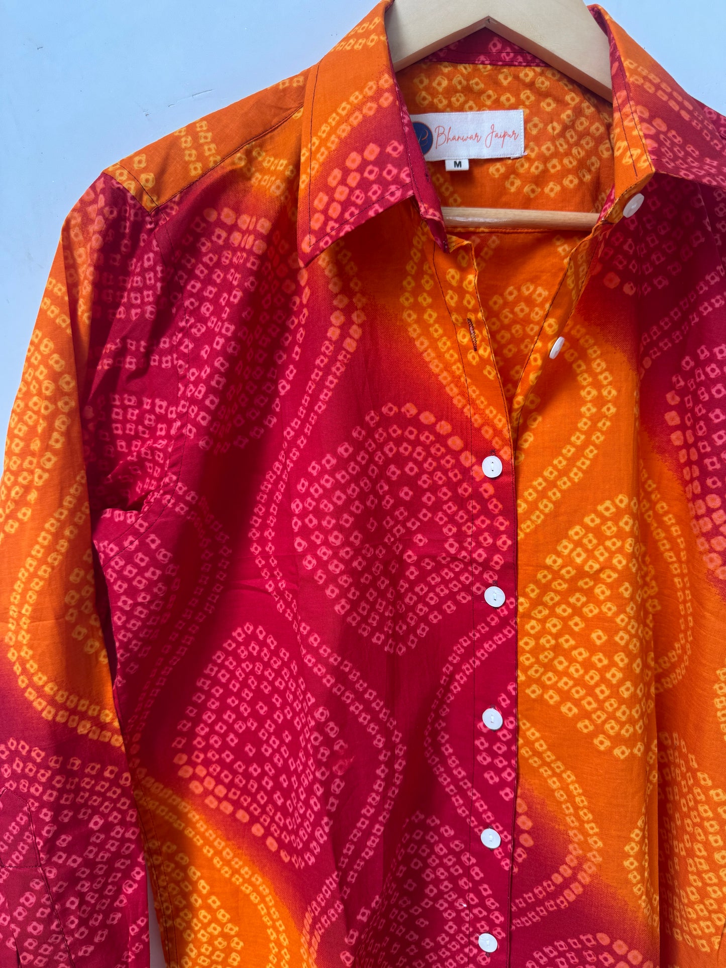 Kesariya Rang Bandhni Shirt | Women's Pure Cotton Printed Shirts | Straight Fit