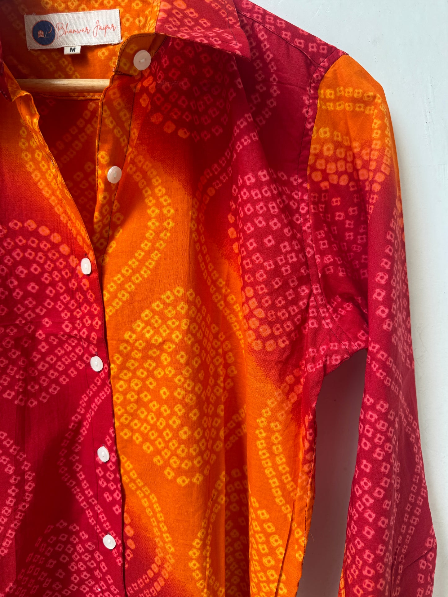 Kesariya Rang Bandhni Shirt | Women's Pure Cotton Printed Shirts | Straight Fit