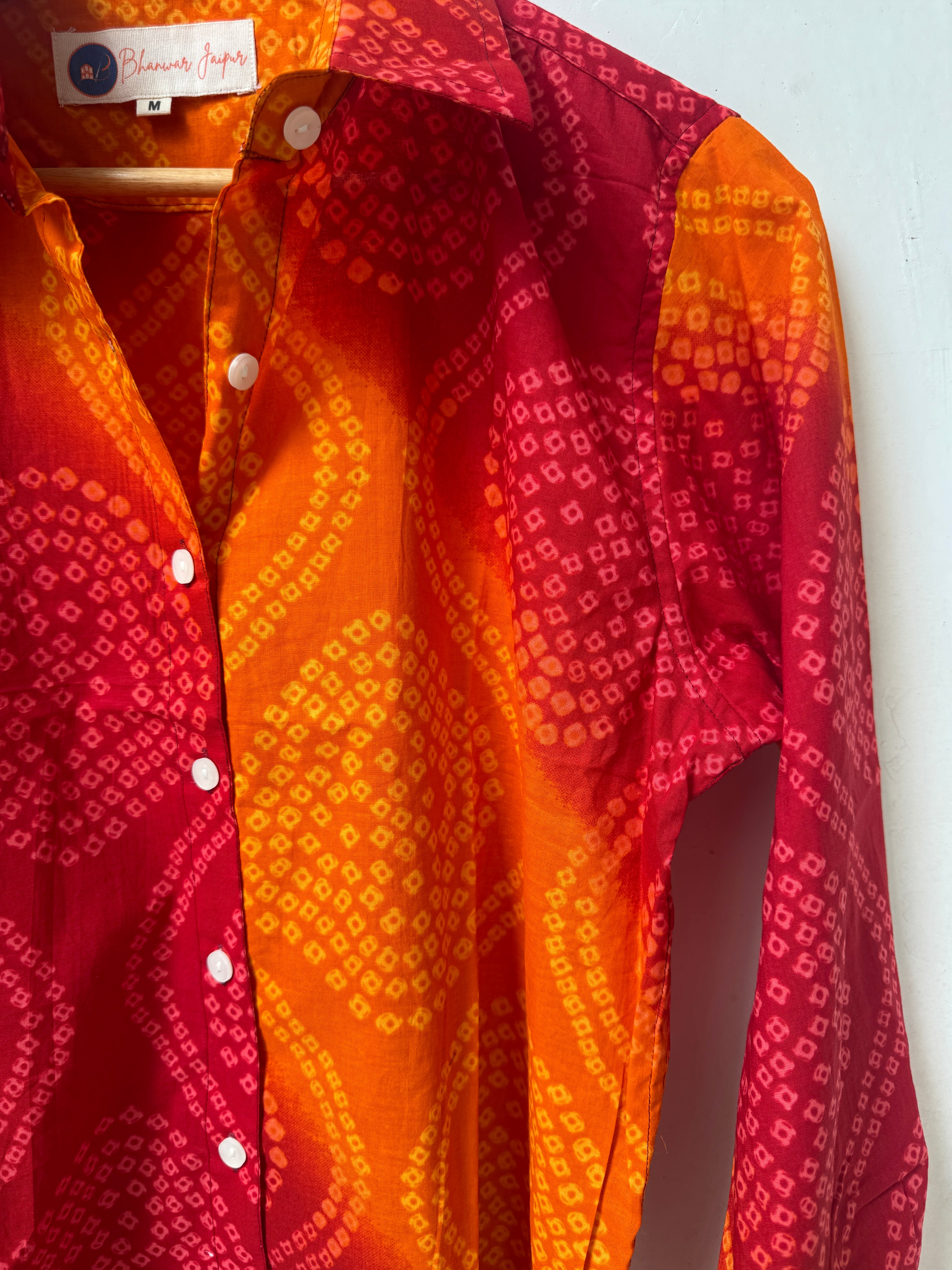 Kesariya Rang Bandhni Shirt | Women's Pure Cotton Printed Shirts | Straight Fit