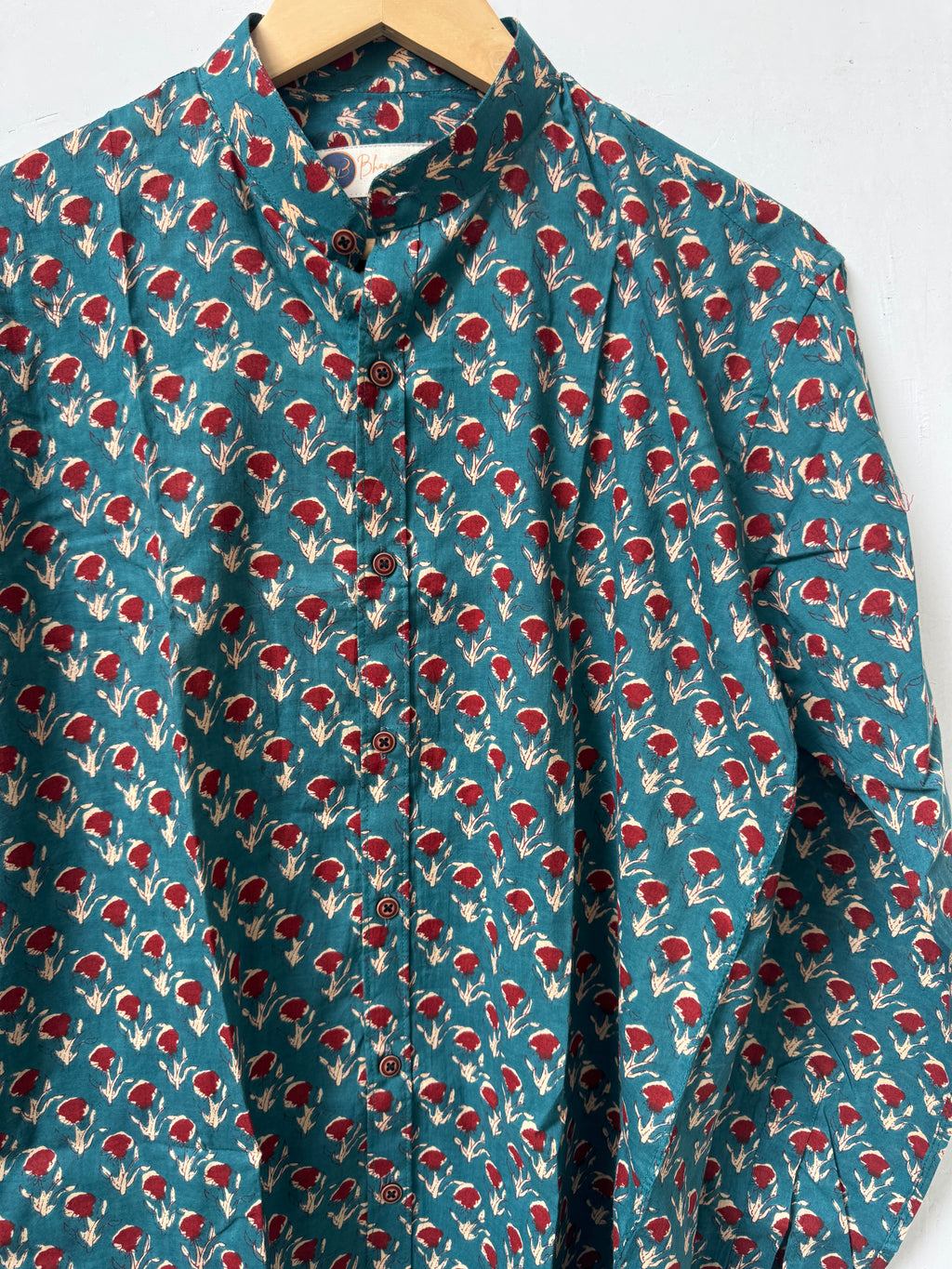 Gulnaar Teal Shirt | Pure Cotton Mandrian Collar Printed Shirts
