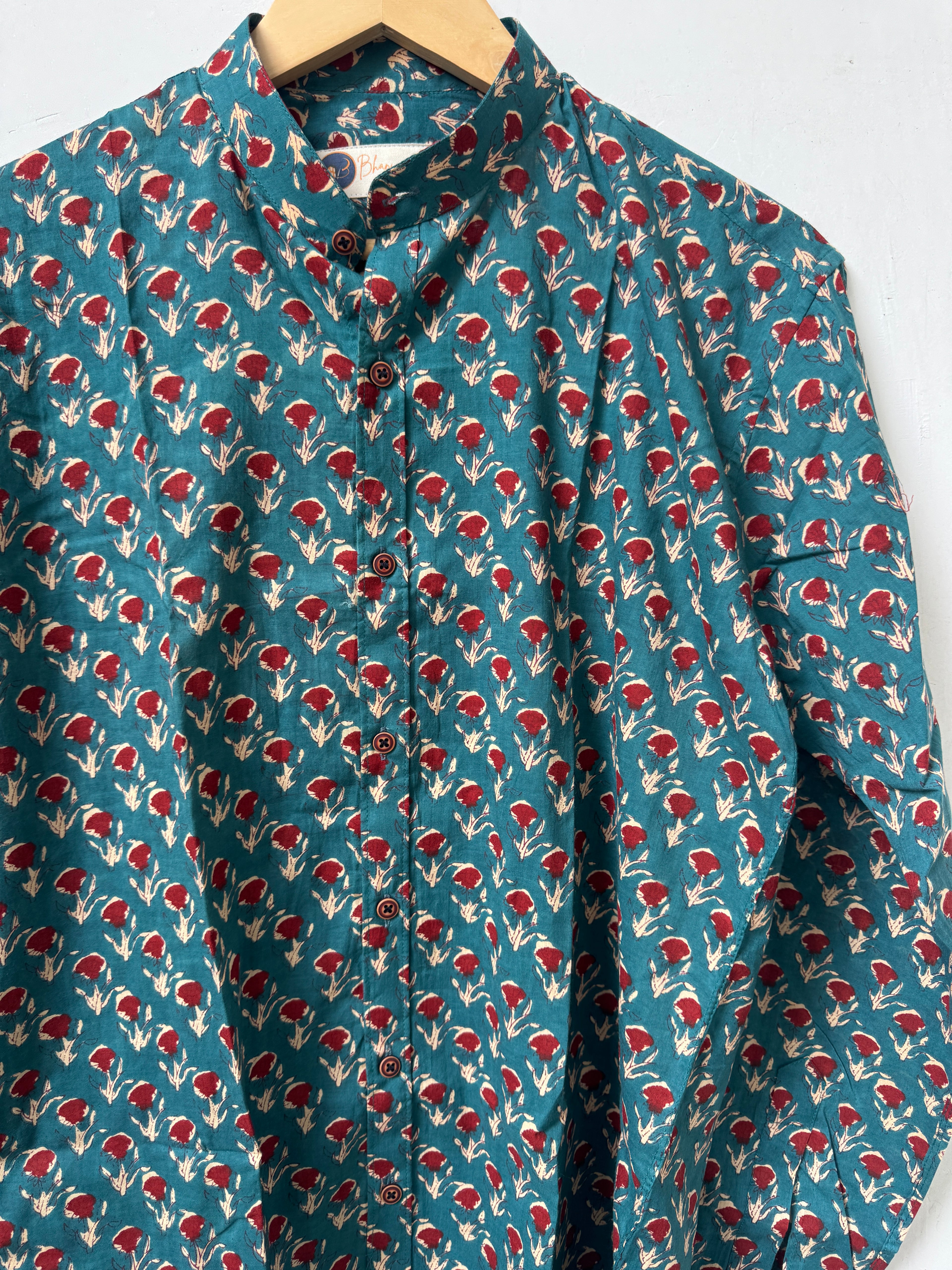 Gulnaar Teal Shirt | Pure Cotton Mandrian Collar Printed Shirts