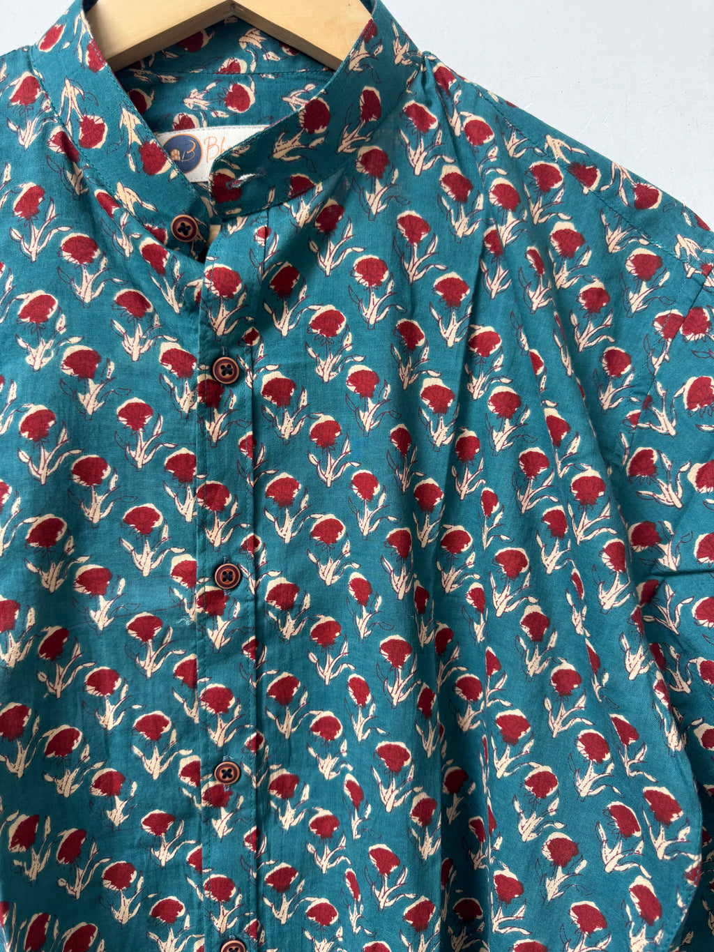 Gulnaar Teal Shirt | Pure Cotton Mandrian Collar Printed Shirts