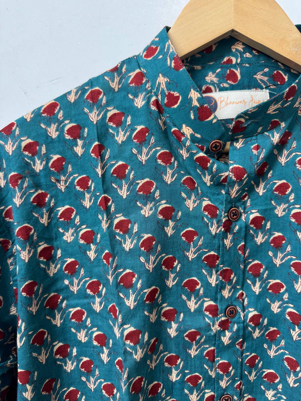 Gulnaar Teal Shirt | Pure Cotton Mandrian Collar Printed Shirts