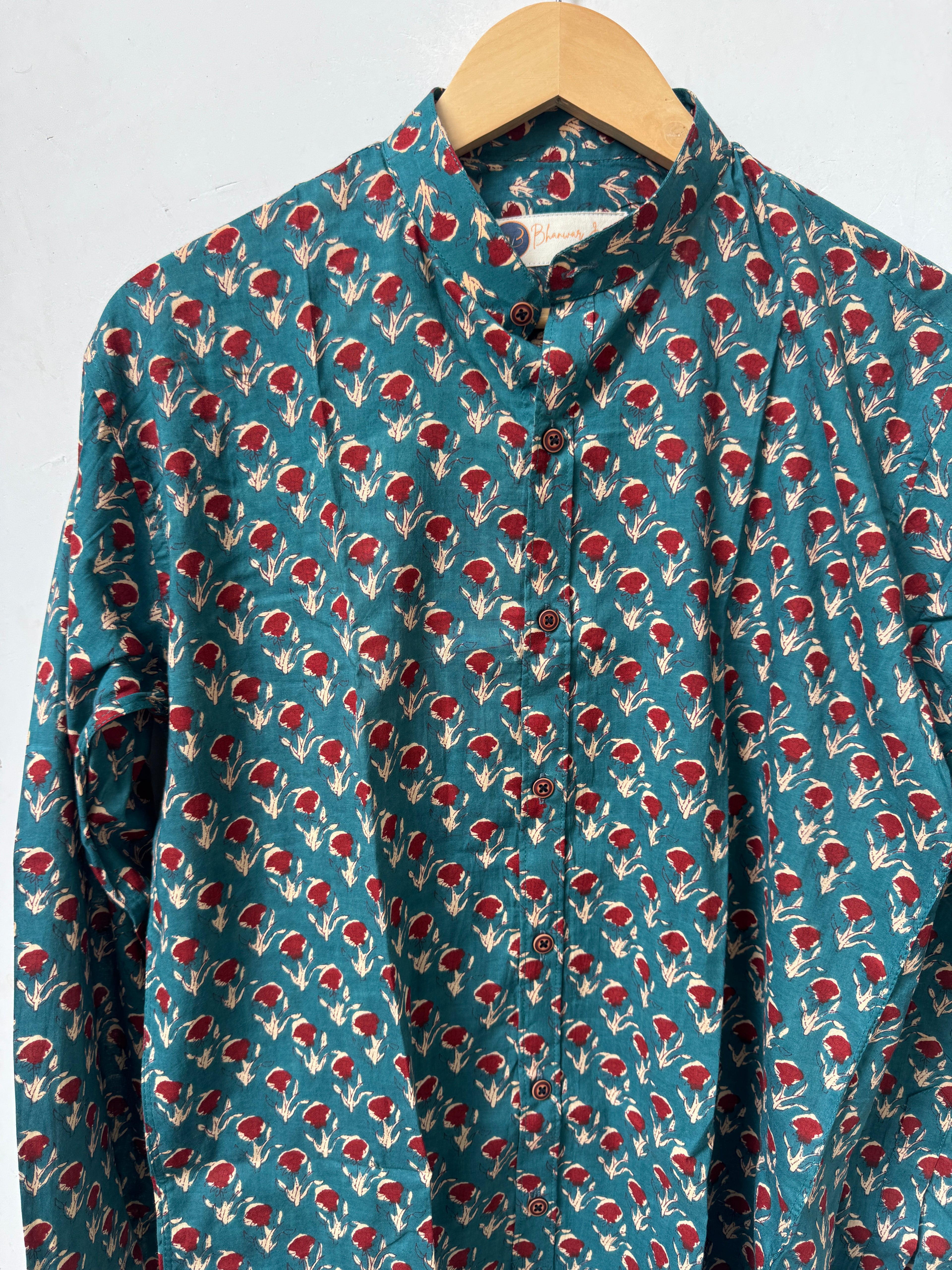 Gulnaar Teal Shirt | Pure Cotton Mandrian Collar Printed Shirts