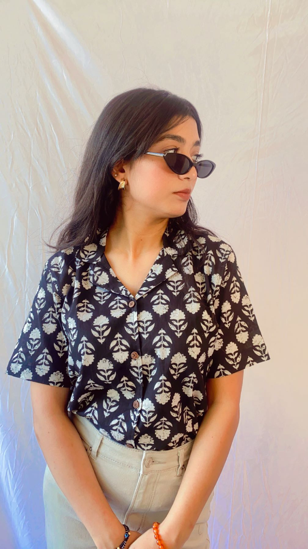 Black Floral Buta Womens Cotton Shirt