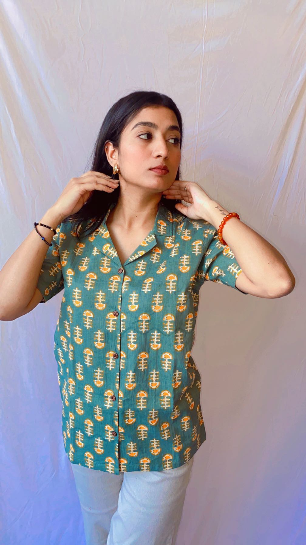 Green Womens Sanganeri Printed Shirt