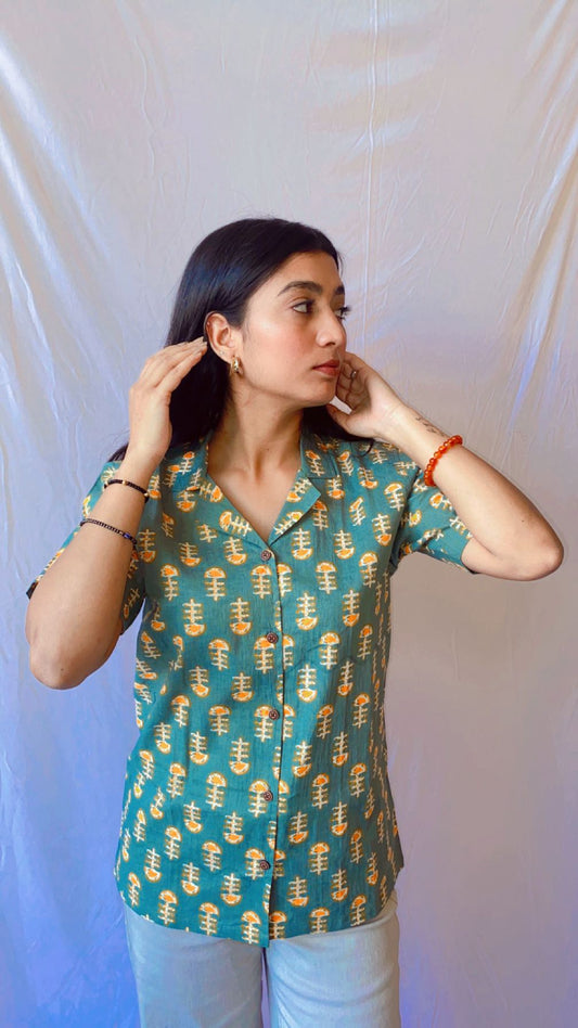 Green Womens Sanganeri Printed Shirt