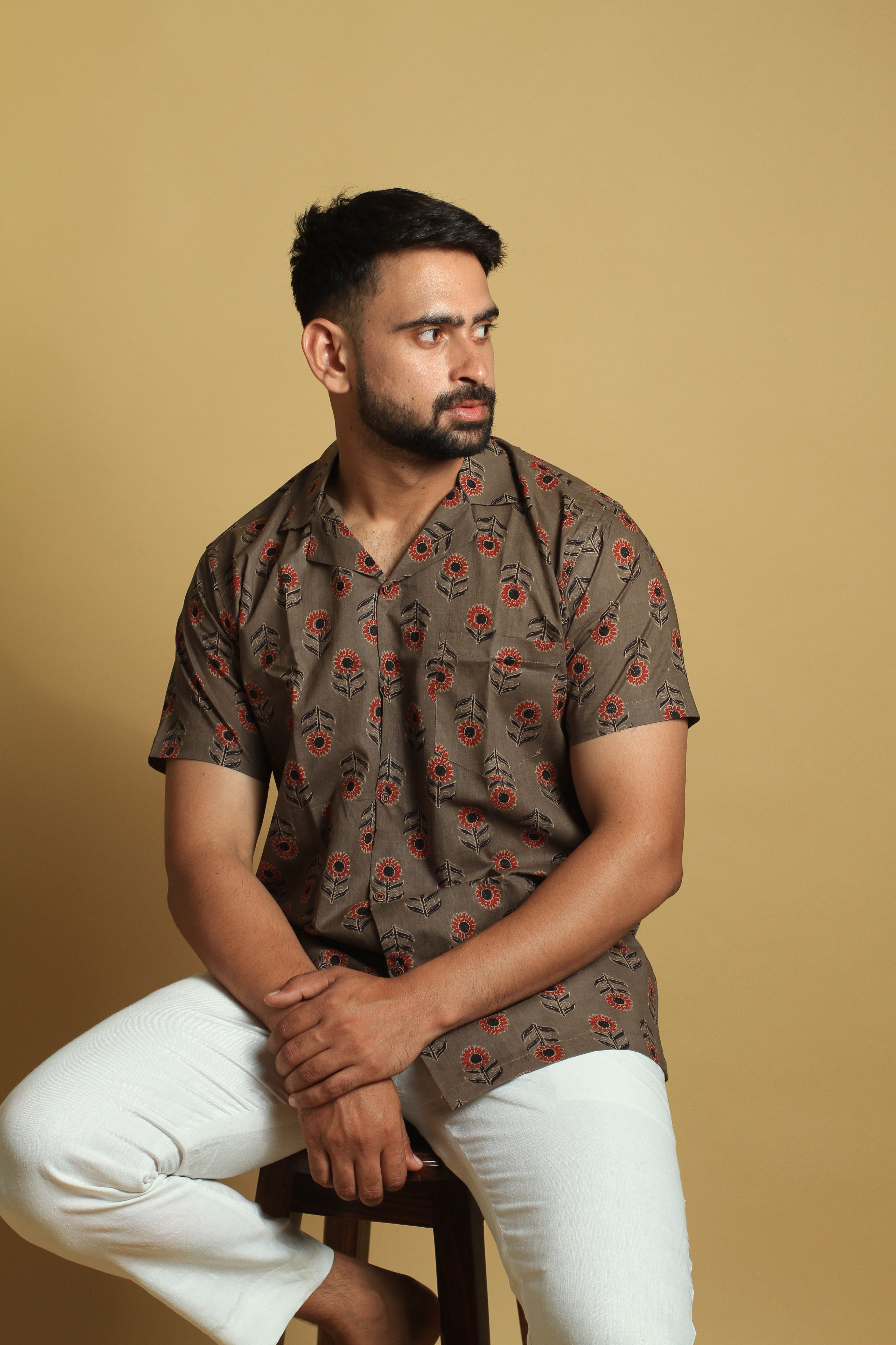 Brown Cuban Collar Shirt | Mens Cotton Printed Shirt