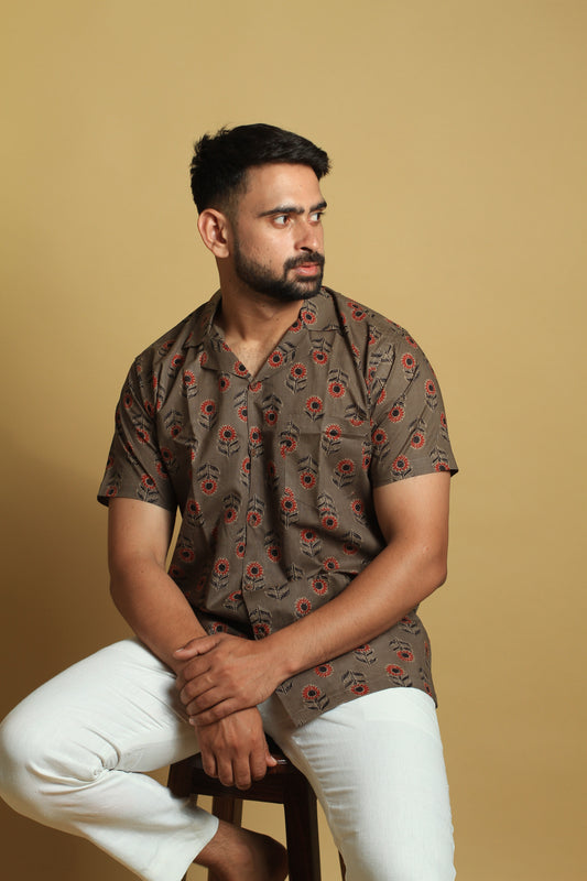 Brown Cuban Collar Shirt | Mens Cotton Printed Shirt