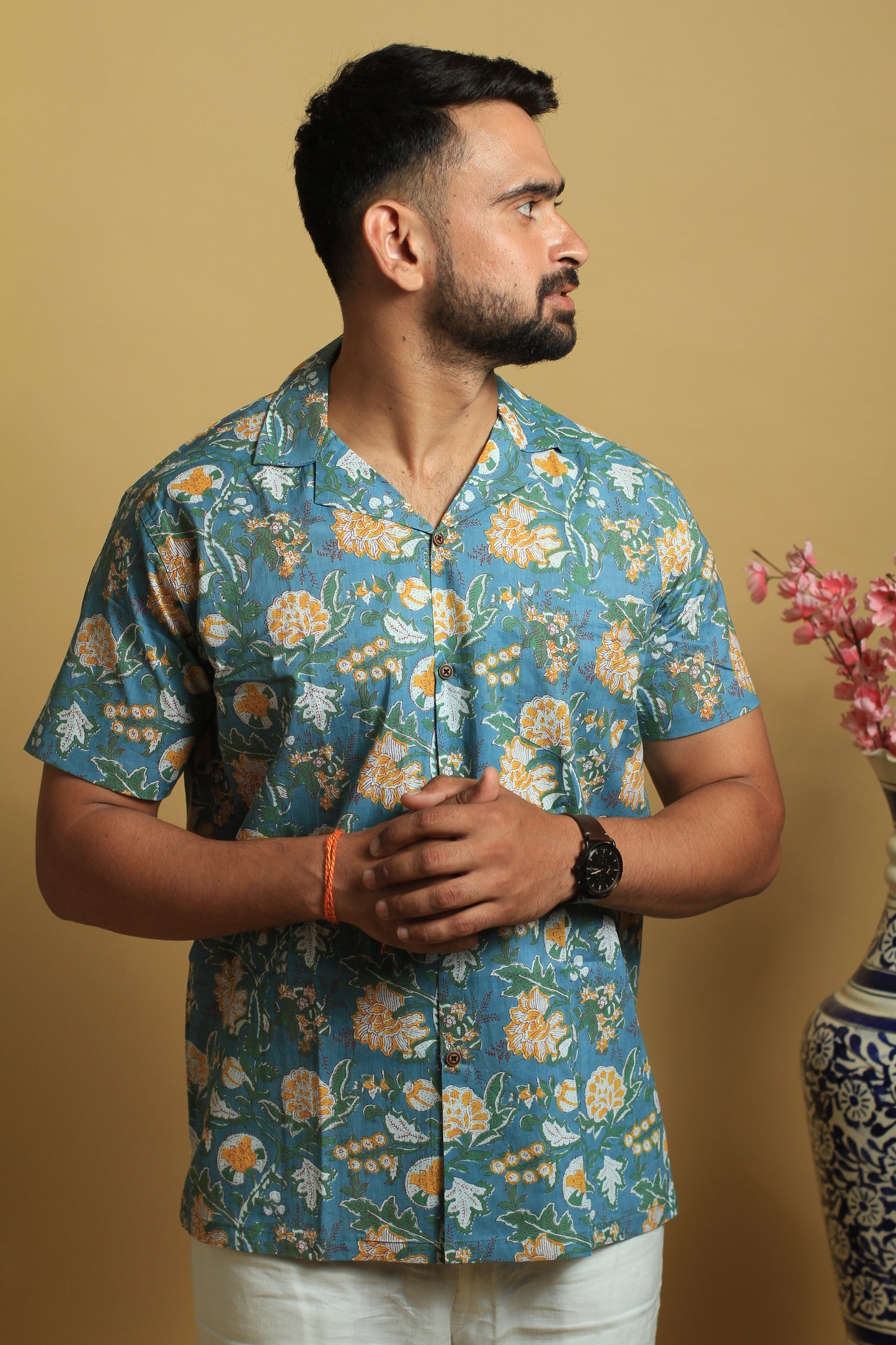 Green Floral Beach Cuban Collar Shirt | Pure Cotton Shirts