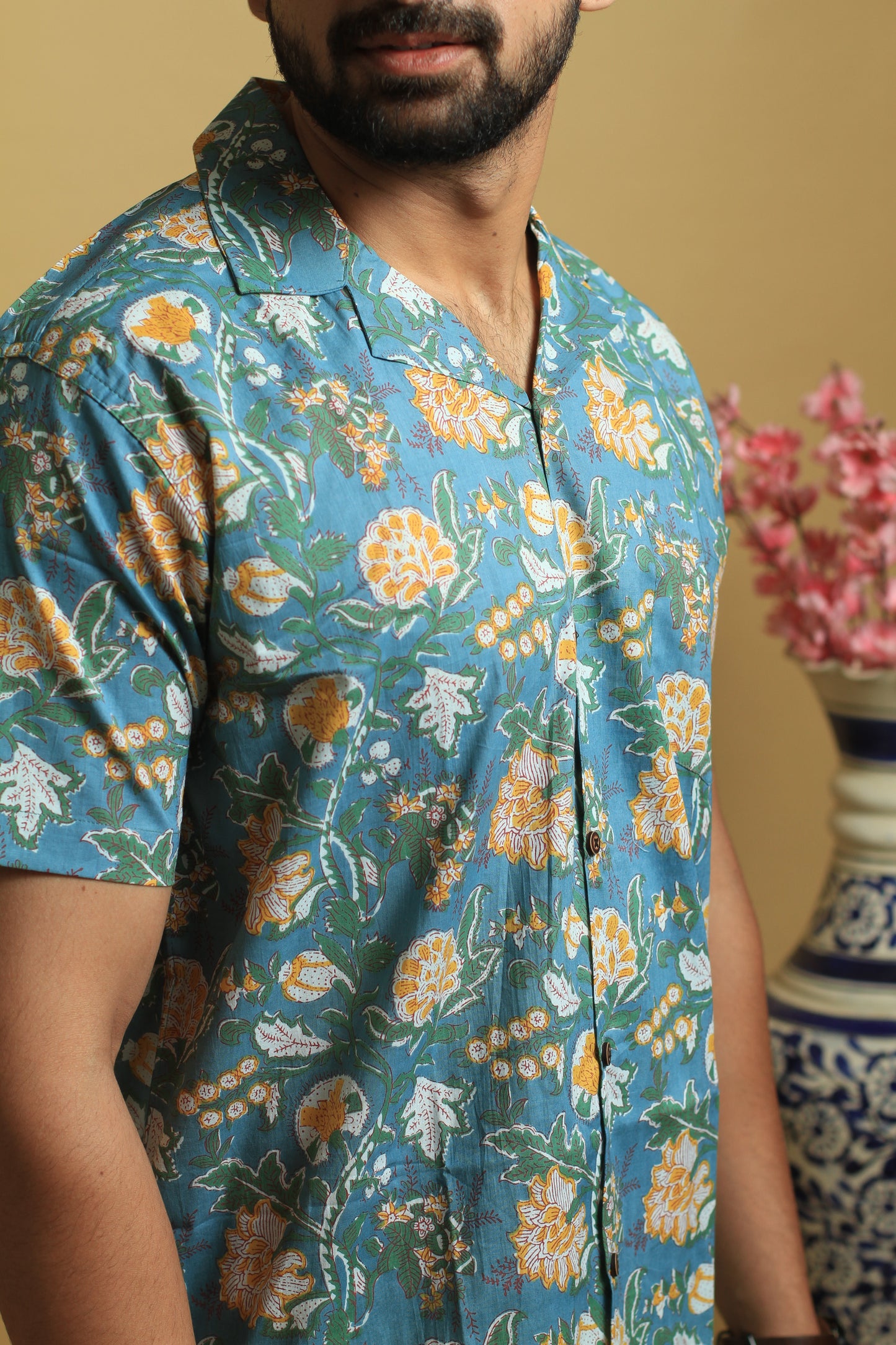 Green Floral Beach Cuban Collar Shirt | Pure Cotton Shirts