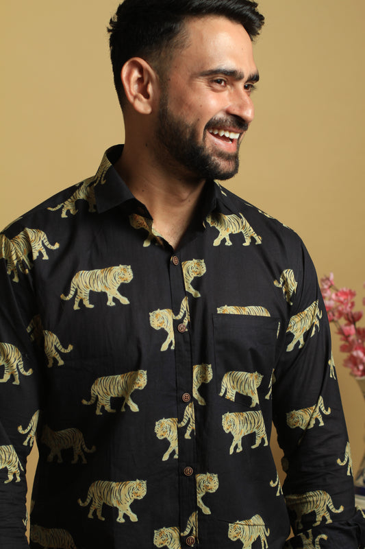 Black Tiger Print | Mens Cotton Shirt