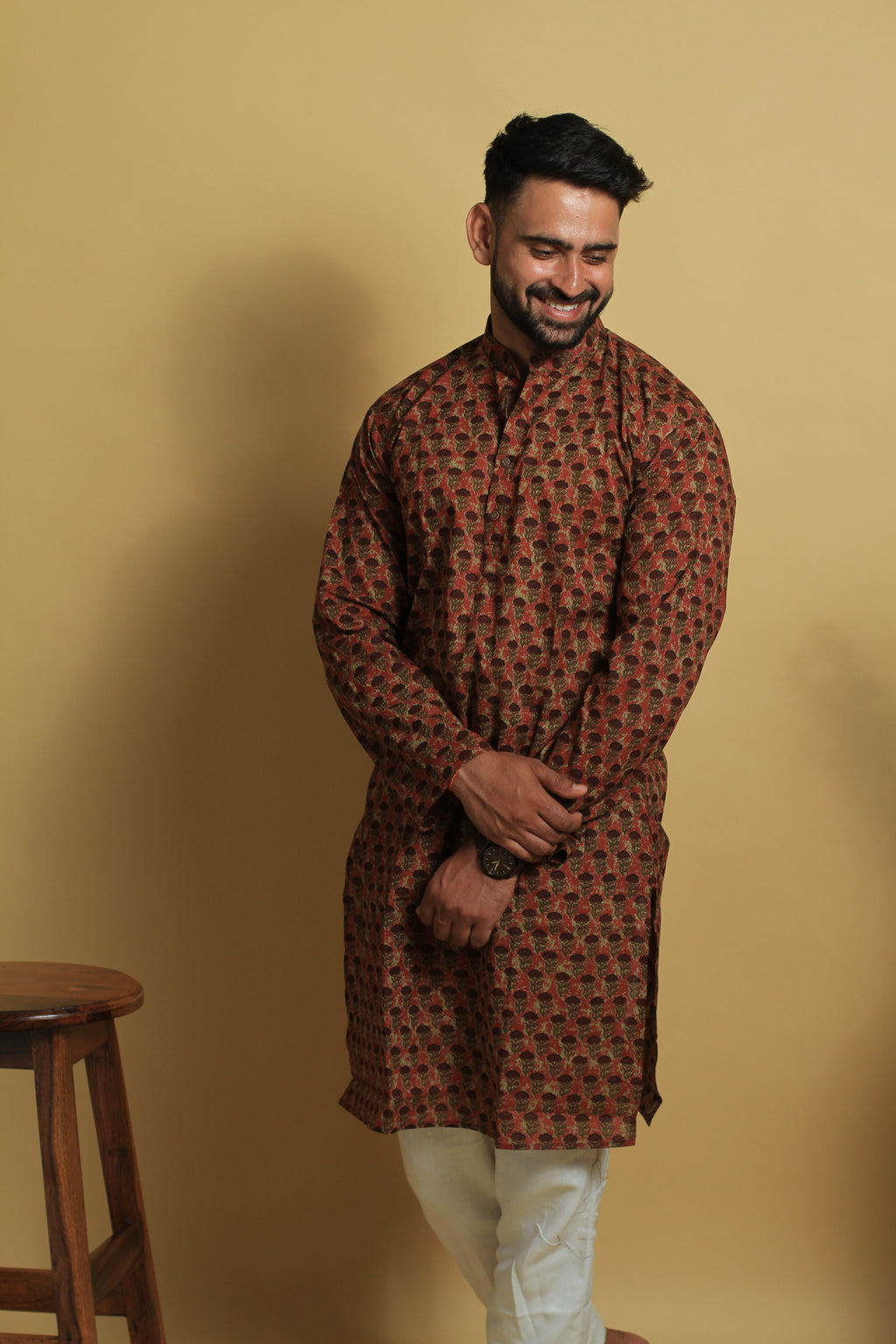 Marron Pure Cotton Mens Long Kurta | Jaipuri Cotton Kurtas
