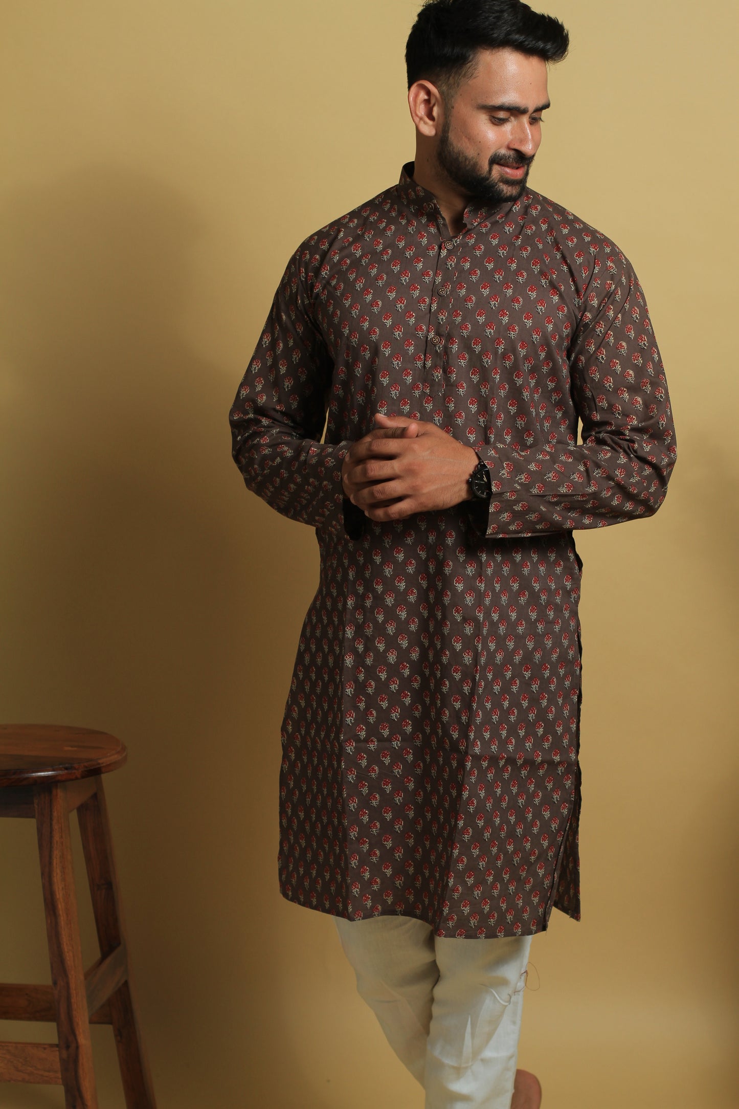 Brown Jaipuri Print Cotton Long Kurta