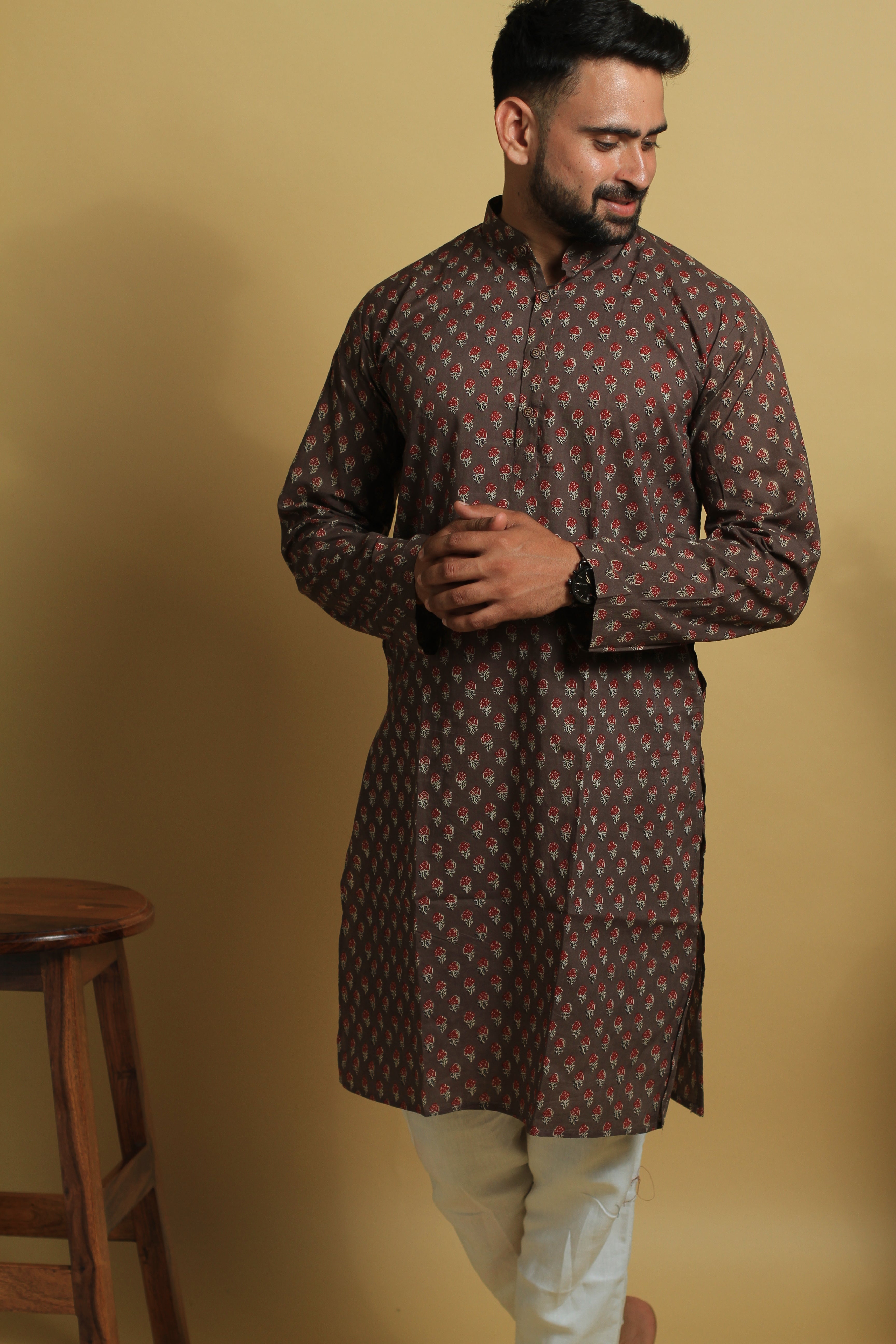 Brown Jaipuri Print | Cotton Long Kurta