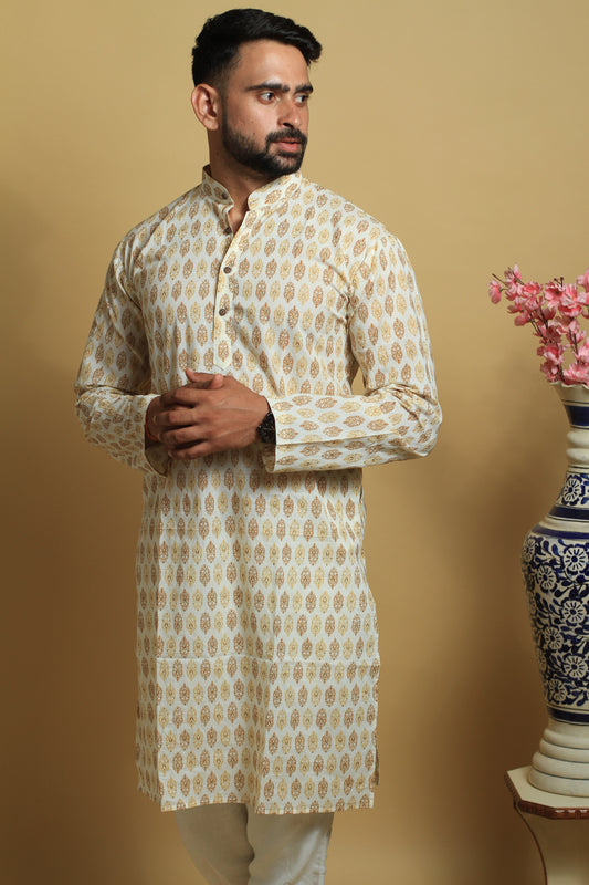 Pearl White Jaipuri Print Cotton Long Kurta