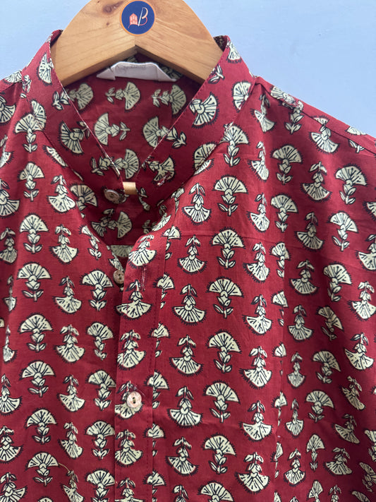 Rust Carnation | Mandarin Collar | Hand block Printed Shirts