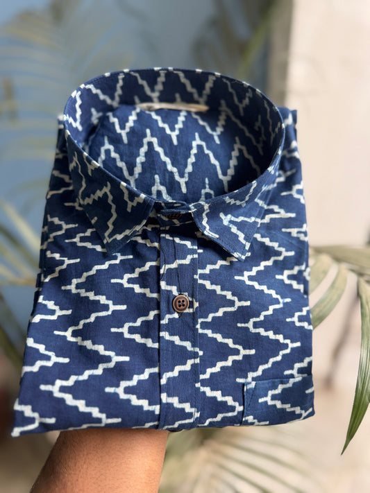 Blue Ikkat Waves | Handblock Cotton Printed Shirts