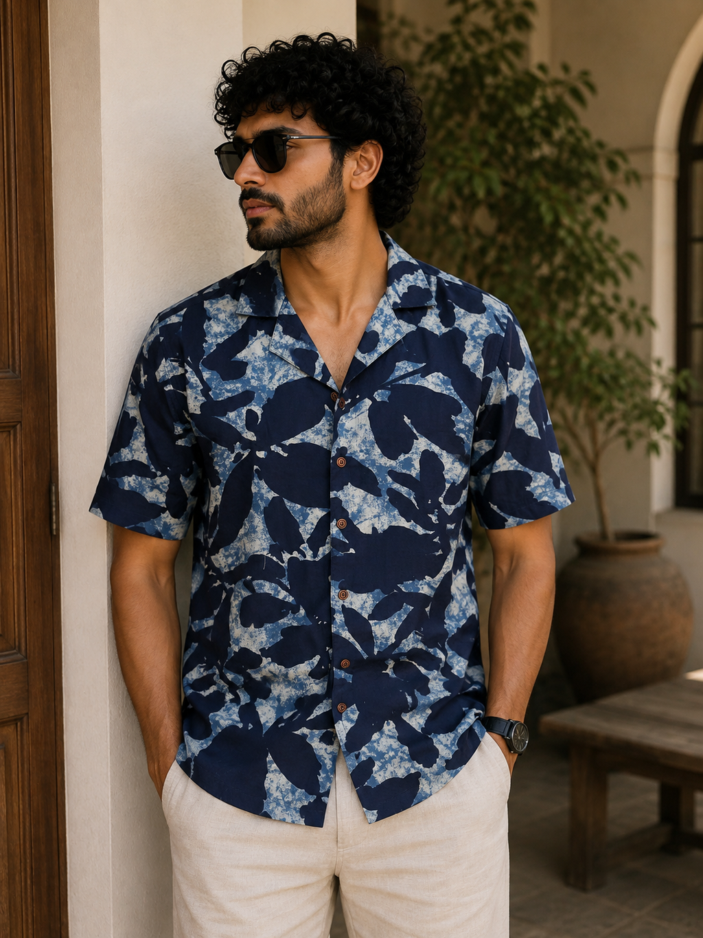 Indigo Mosaic Shirt – Resort Cuban Collar Shirt | Handblock Cotton Printed Shirts