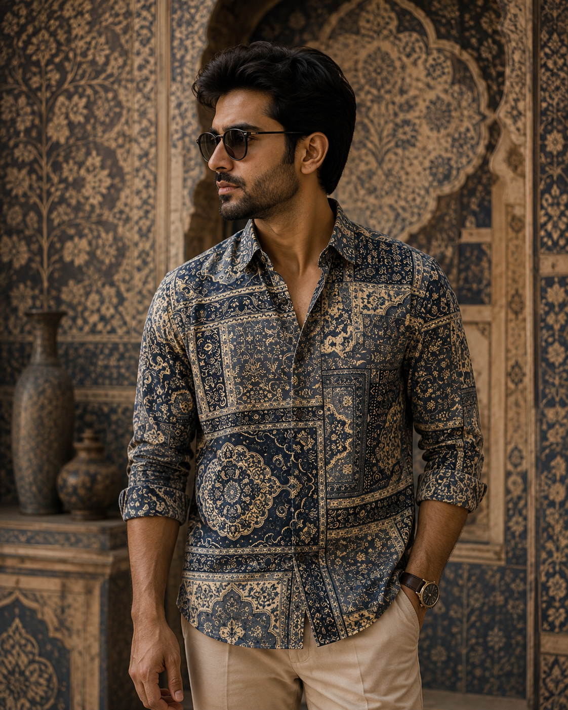 Nawab Heritage | Pure Cotton Printed Shirts | Mandrian Collar