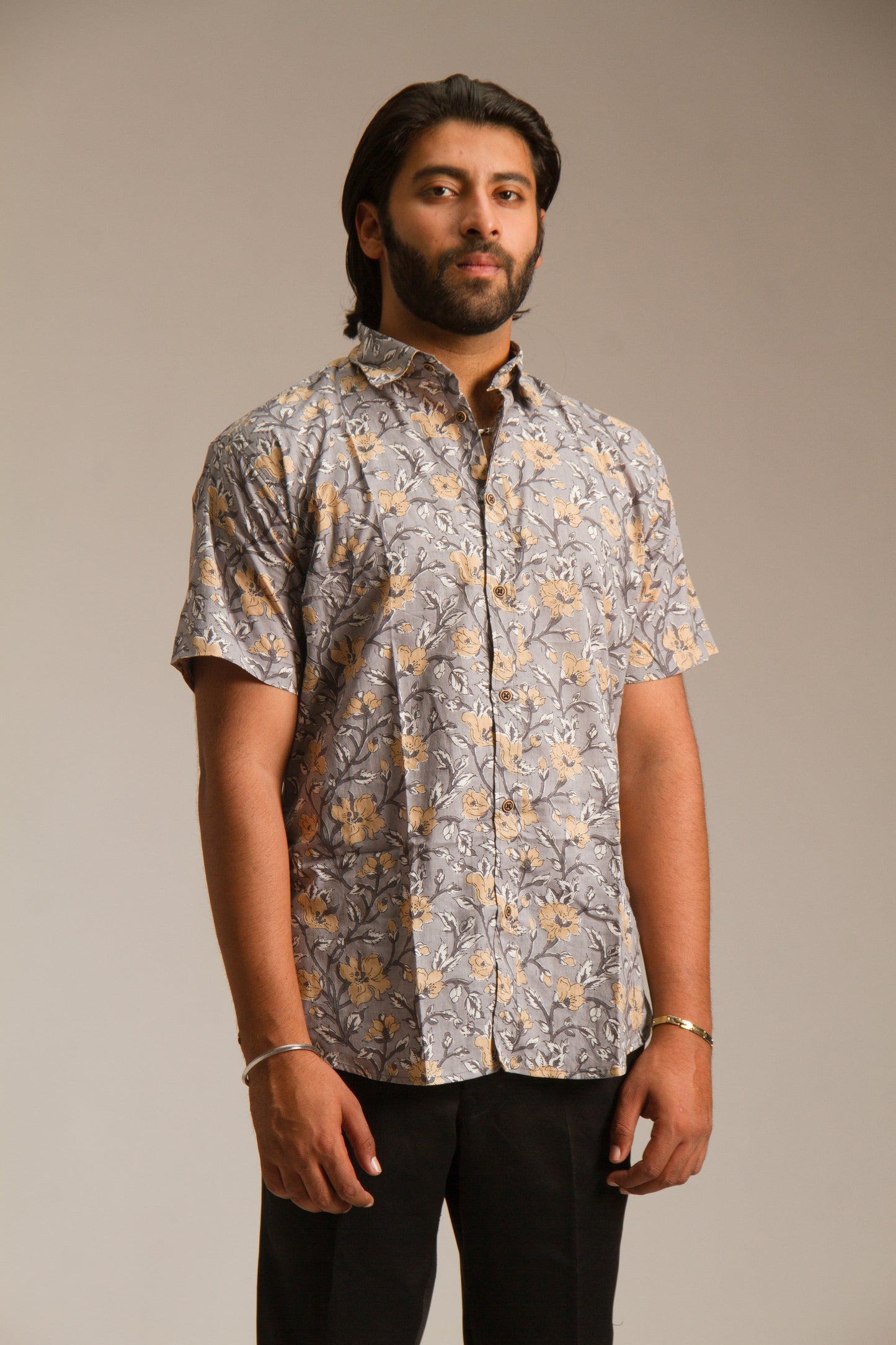 Grey Floral Sanganeri | Cotton Printed Shirt