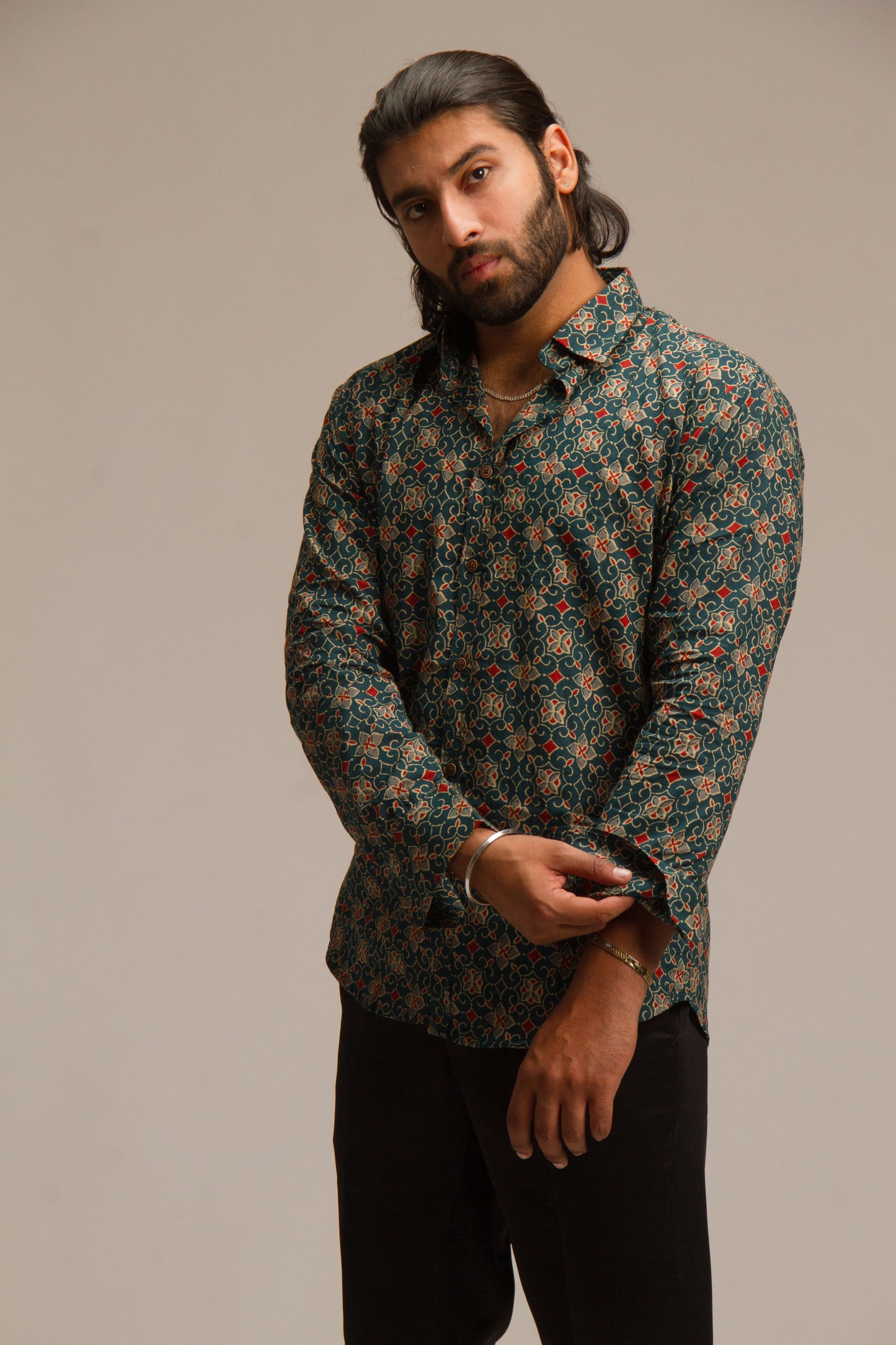 Olive Green Ajrakh | Mens Cotton Printed Shirts