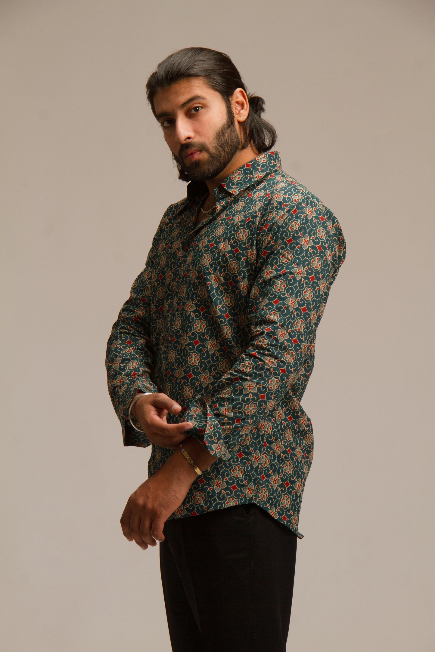 Olive Green Ajrakh | Mens Cotton Printed Shirts