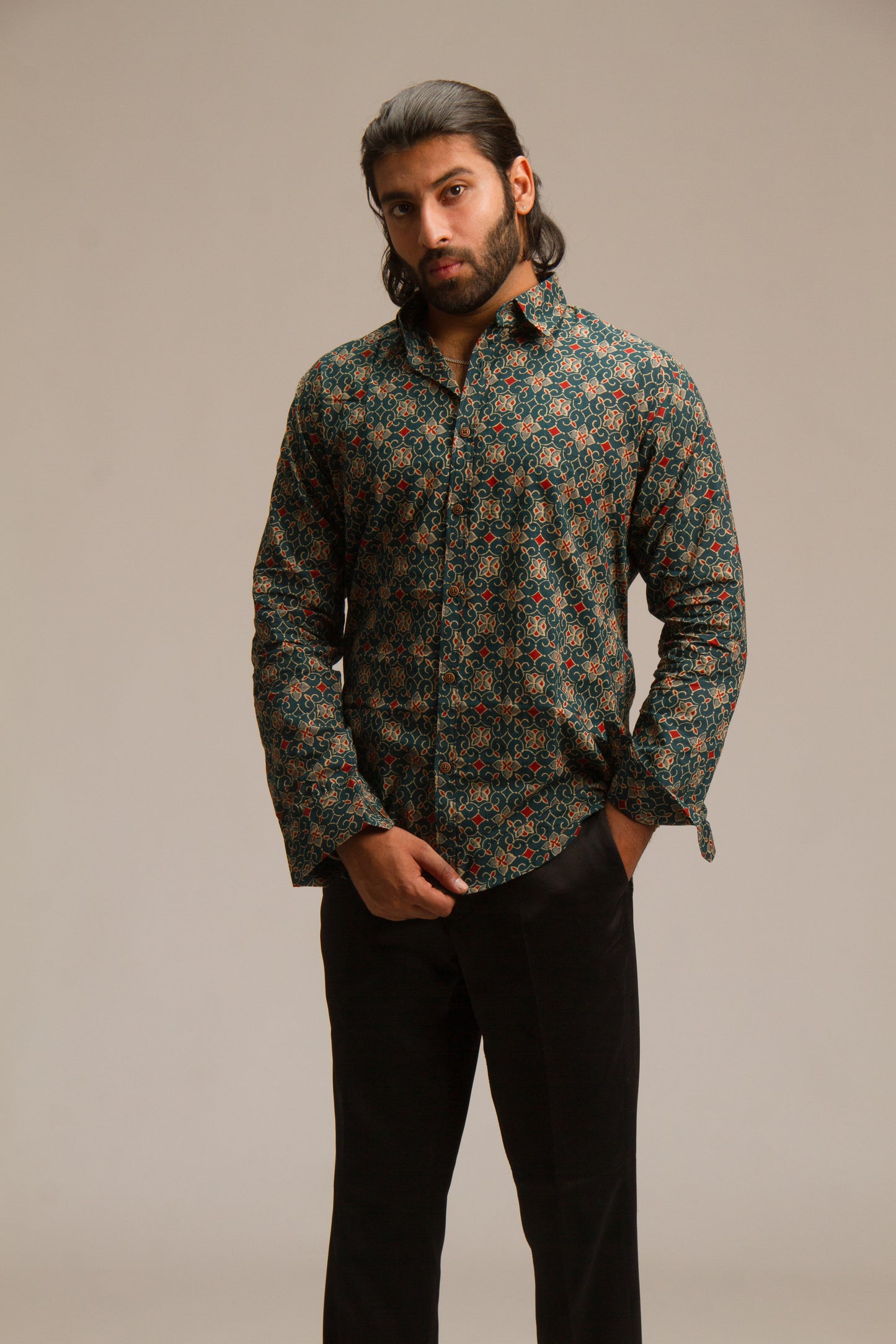 Olive Green Ajrakh | Mens Cotton Printed Shirts